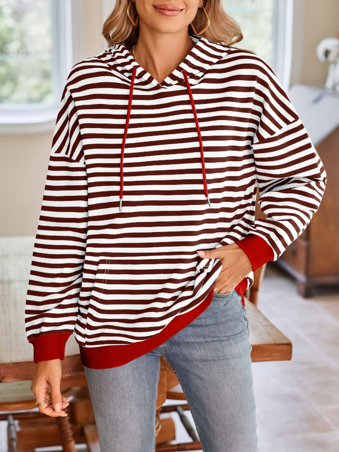 Lovelet Drawstring Striped Long Sleeve Hoodie-HOODIES-[Adult]-[Female]-2022 Online Blue Zone Planet