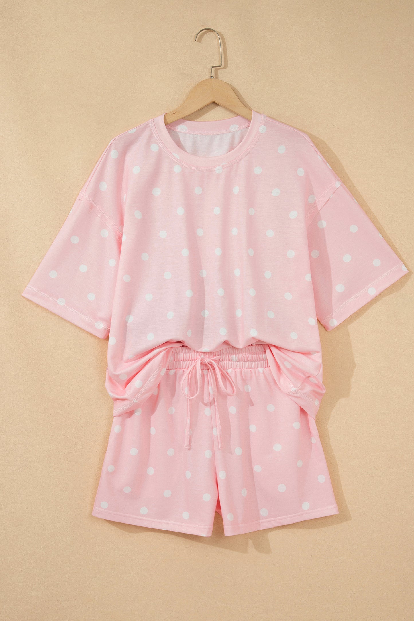 White Exposed Seam Detail Polka Dot Loose Tee Drawstring Shorts Set-Two Piece Sets/Short Sets-[Adult]-[Female]-2022 Online Blue Zone Planet