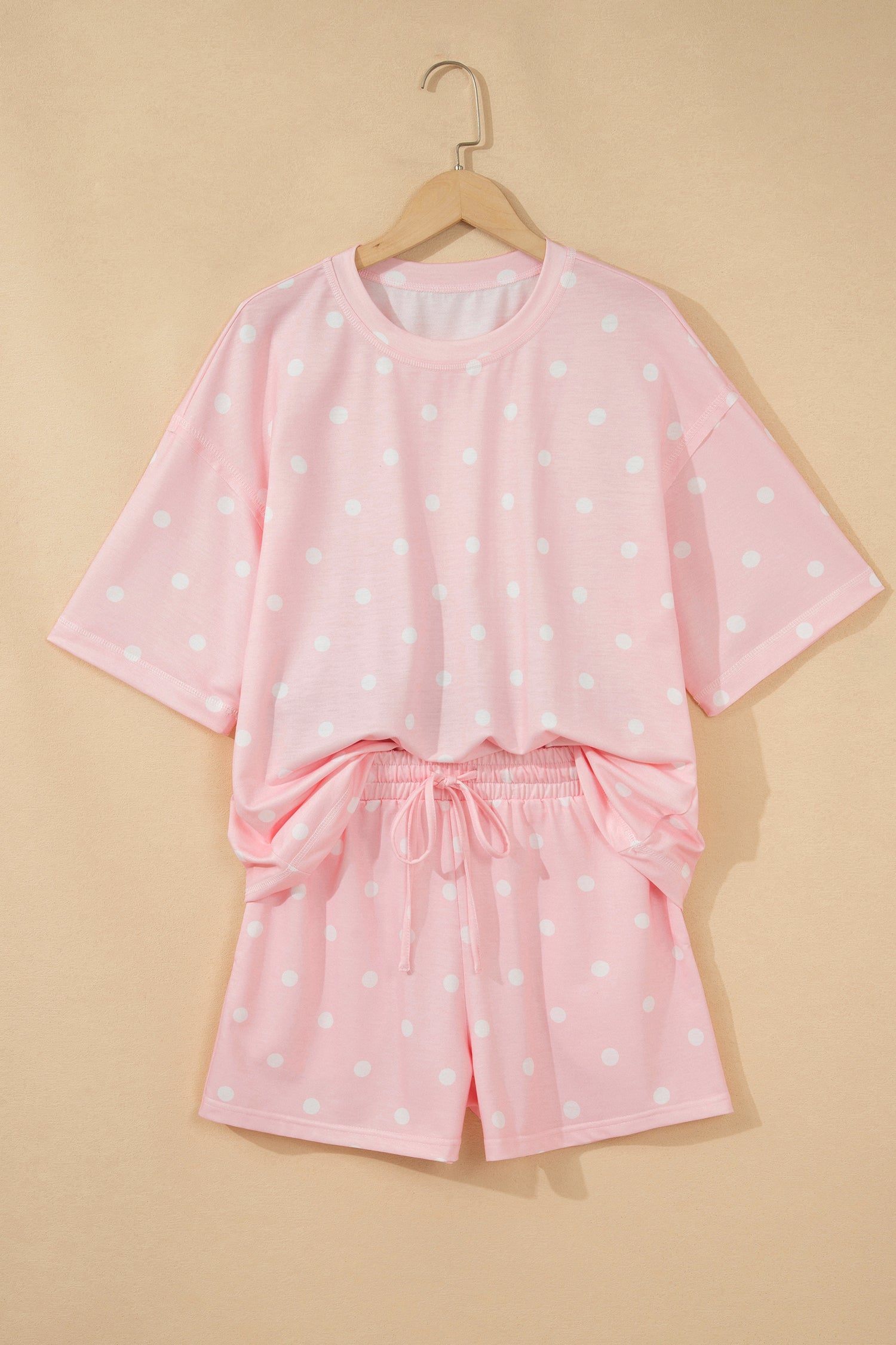 White Exposed Seam Detail Polka Dot Loose Tee Drawstring Shorts Set-Two Piece Sets/Short Sets-[Adult]-[Female]-2022 Online Blue Zone Planet