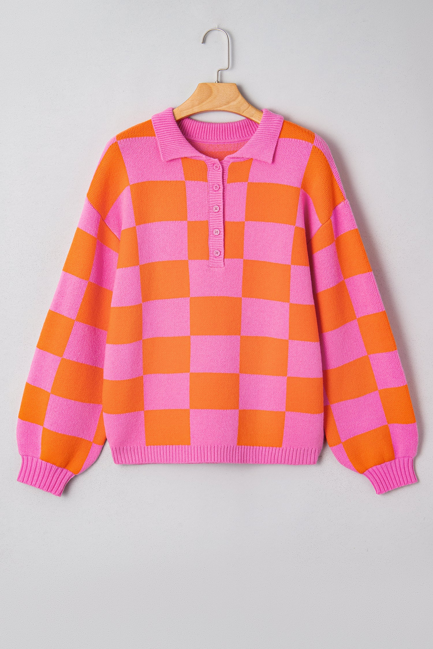 Sachet Pink Checkered Knit Polo Collar Baggy Sweater-TOPS / DRESSES-[Adult]-[Female]-2022 Online Blue Zone Planet