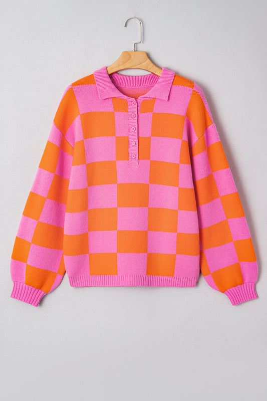 Sachet Pink Checkered Knit Polo Collar Baggy Sweater-TOPS / DRESSES-[Adult]-[Female]-2022 Online Blue Zone Planet