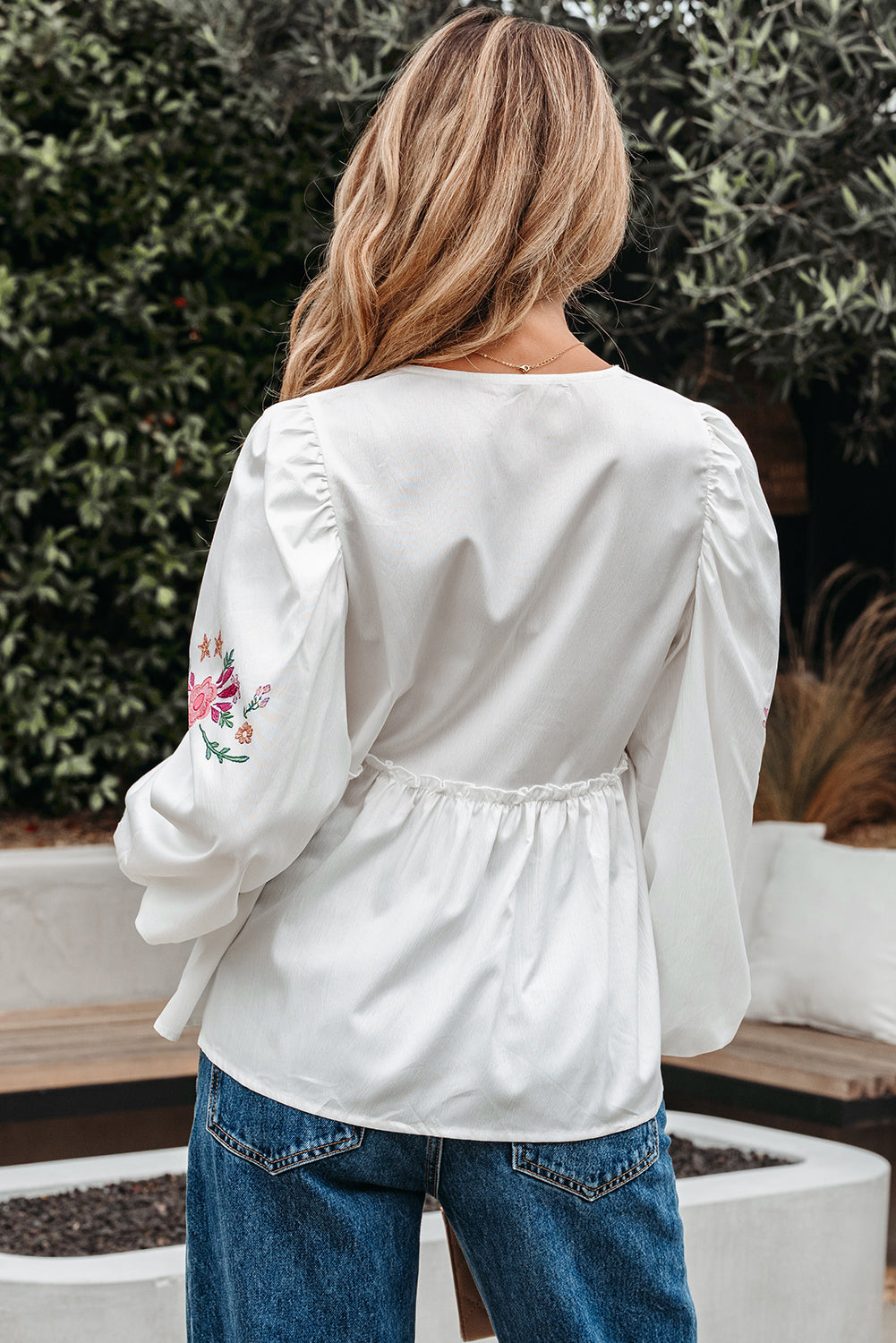 White Flower Lace-Up V Neck Babydoll Blouse-Tops/Blouses & Shirts-[Adult]-[Female]-2022 Online Blue Zone Planet