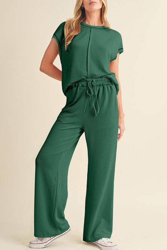 Blackish Green Solid Color Corded Short Sleeve Top and Casual Pants Set-Two Piece Sets/Pant Sets-[Adult]-[Female]-Blackish Green-S-2022 Online Blue Zone Planet