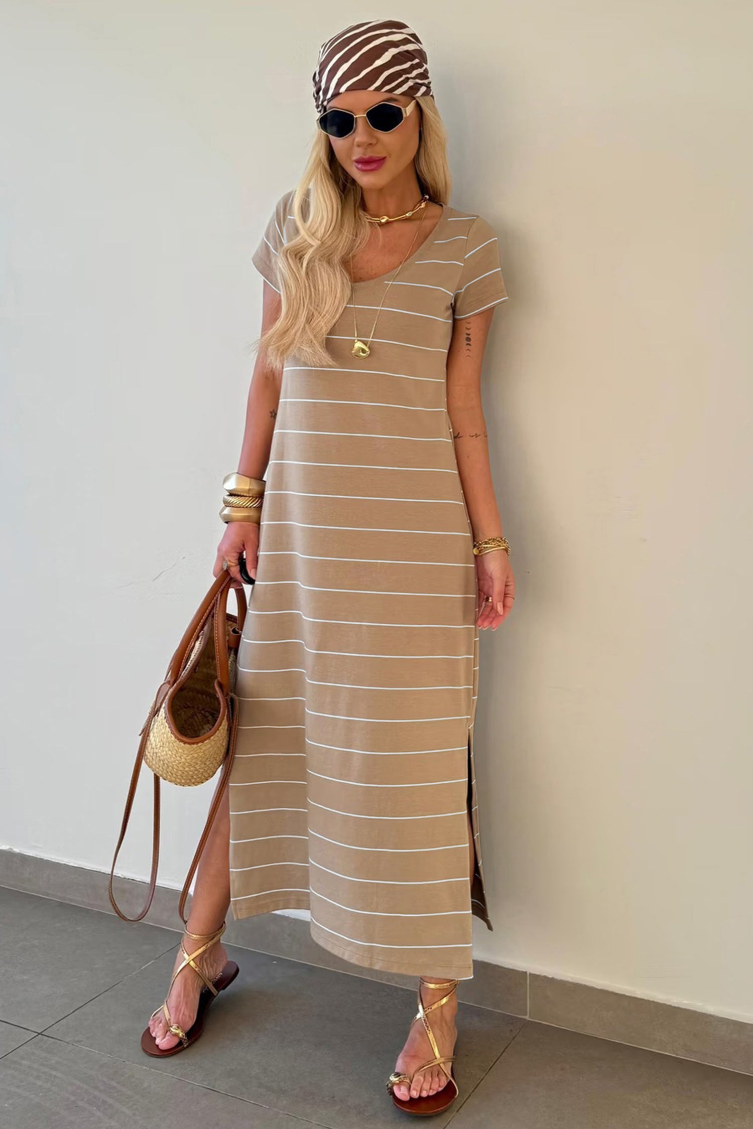 Khaki Stripe Casual Short Sleeve Side Slit Maxi T Shirt Dress-TOPS / DRESSES-[Adult]-[Female]-2022 Online Blue Zone Planet