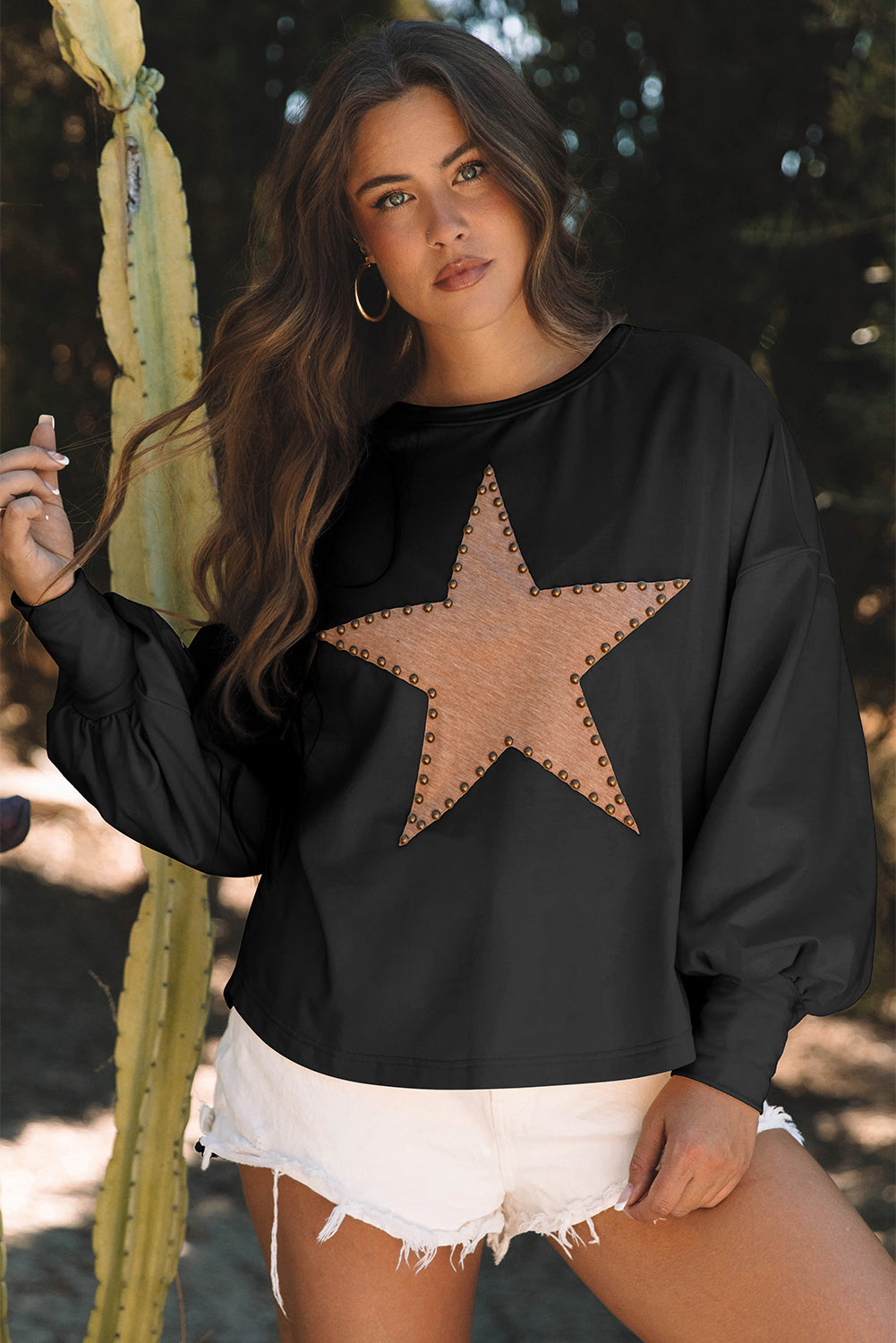 Blue Zone Planet | Apricot Studded Star Graphic Oversized Long Sleeve Top-Tops/Long Sleeve Tops-[Adult]-[Female]-Black-S-2022 Online Blue Zone Planet