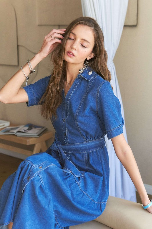 ADORA Tiered Button Down Tie Waist Short Sleeve Denim Dress-TOPS / DRESSES-[Adult]-[Female]-2022 Online Blue Zone Planet