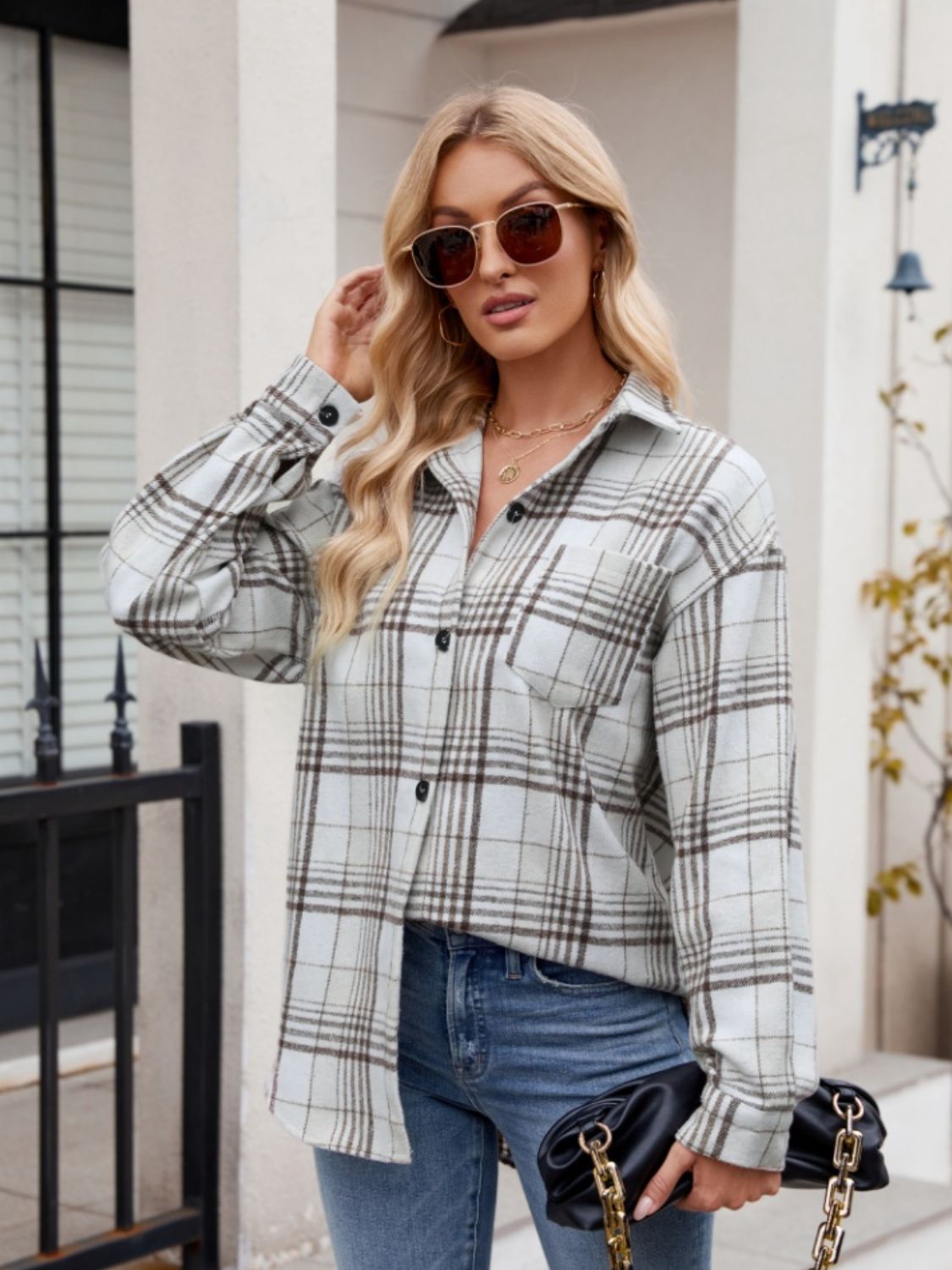 Mandy Pocketed Plaid Collared Neck Long Sleeve Shirt-TOPS / DRESSES-[Adult]-[Female]-White-S-2022 Online Blue Zone Planet