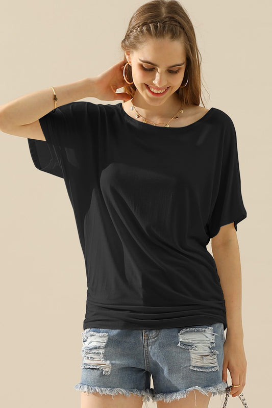 Ninexis Boat Neck Short Sleeve Ruched Side Top-TOPS / DRESSES-[Adult]-[Female]-BLACK-S-2022 Online Blue Zone Planet