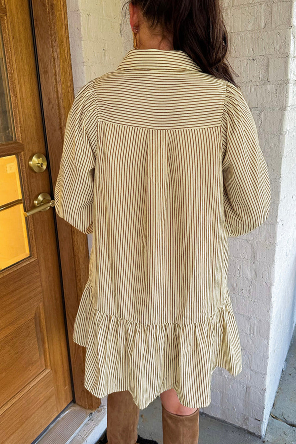 Brown Stripe Collared Neck Cuffed Long Sleeve Drop Waist Mini Dress-TOPS / DRESSES-[Adult]-[Female]-2022 Online Blue Zone Planet