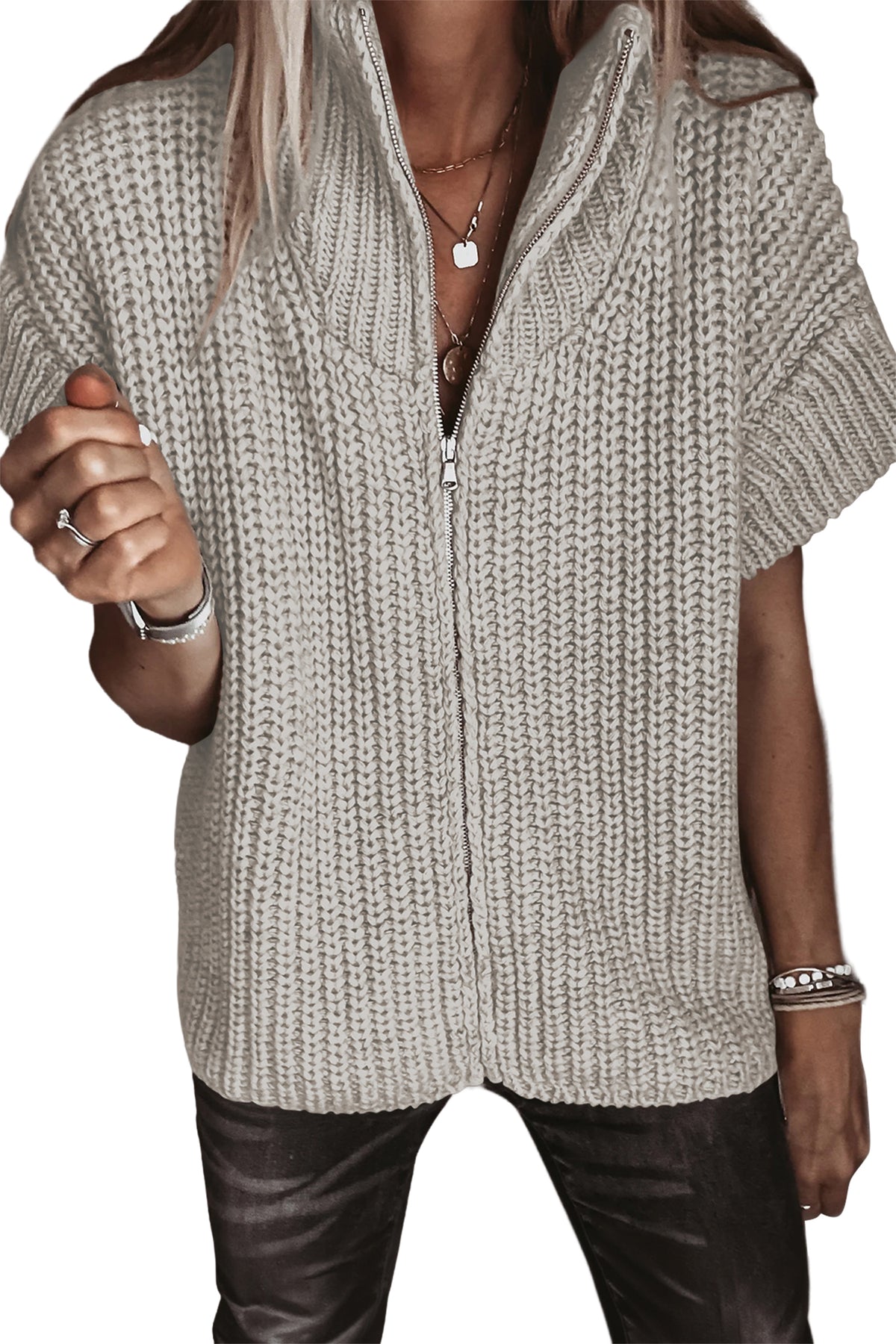 Jet Stream Solid Color Short Sleeve Zipper Knit High Neck Sweater-Sweaters & Cardigans/Short Sleeve Sweaters-[Adult]-[Female]-2022 Online Blue Zone Planet