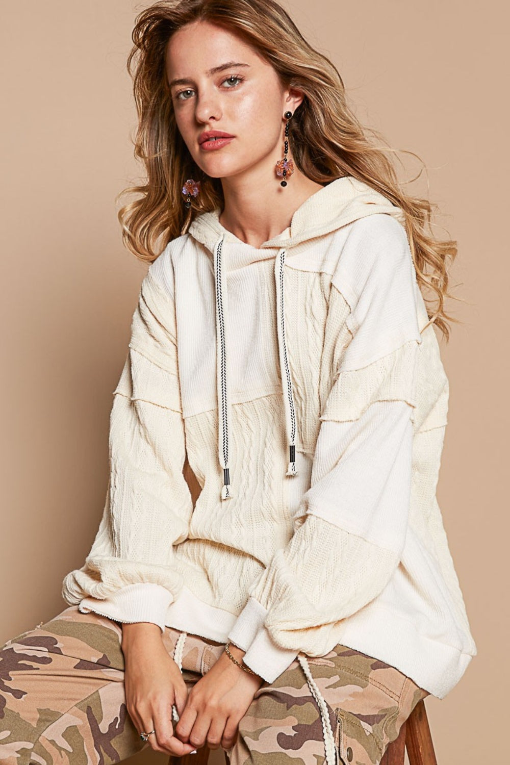 Blue Zone Planet | POL Exposed Seam Hooded Knit Top-TOPS / DRESSES-[Adult]-[Female]-Cream-S-2022 Online Blue Zone Planet