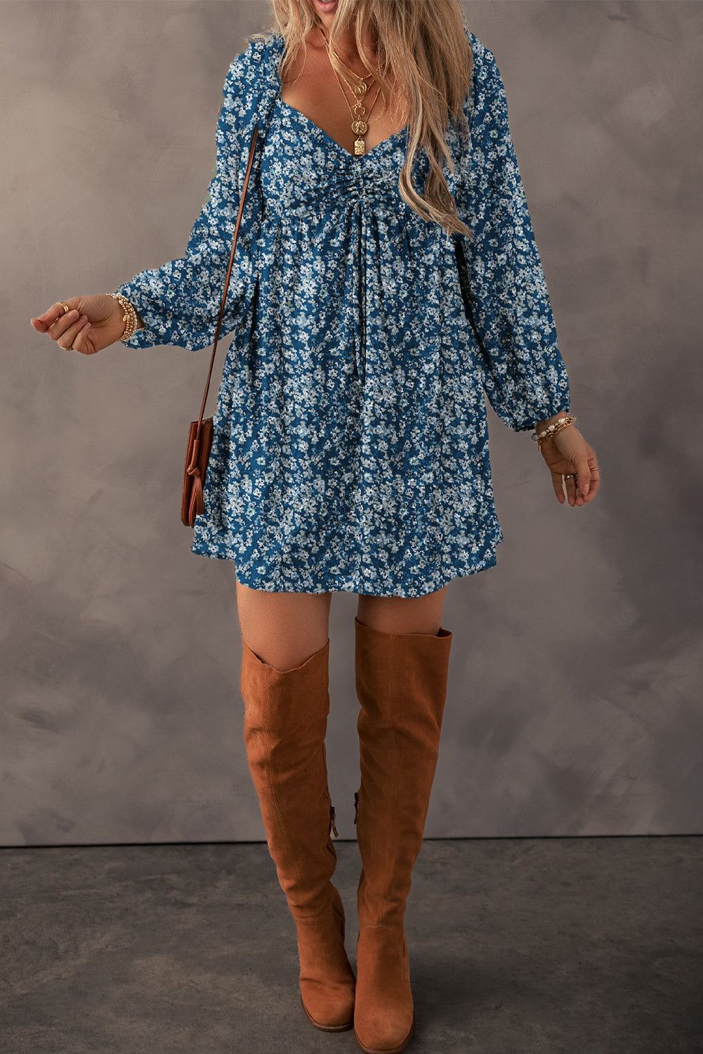 Blue Zone Planet | Blue Floral Print Sweetheart Neck Shirred Back Mini Dress-TOPS / DRESSES-[Adult]-[Female]-2022 Online Blue Zone Planet