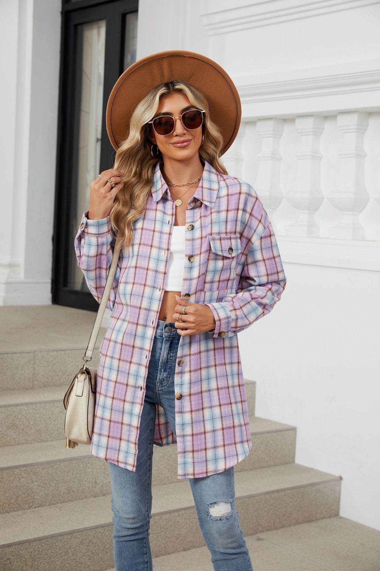 Plaid Collared Neck Long Sleeve Shirt-TOPS / DRESSES-[Adult]-[Female]-Pink Purple-S-2022 Online Blue Zone Planet