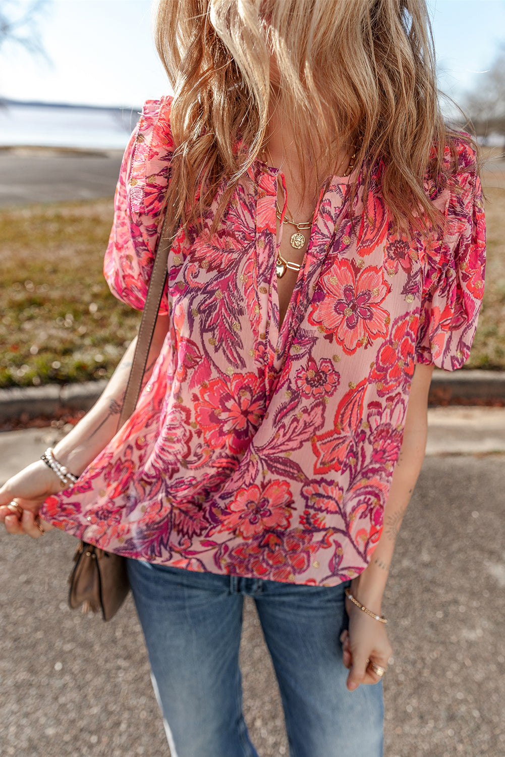 Red Floral Print Ruffled Puff Short Sleeve Blouse-Tops/Blouses & Shirts-[Adult]-[Female]-2022 Online Blue Zone Planet