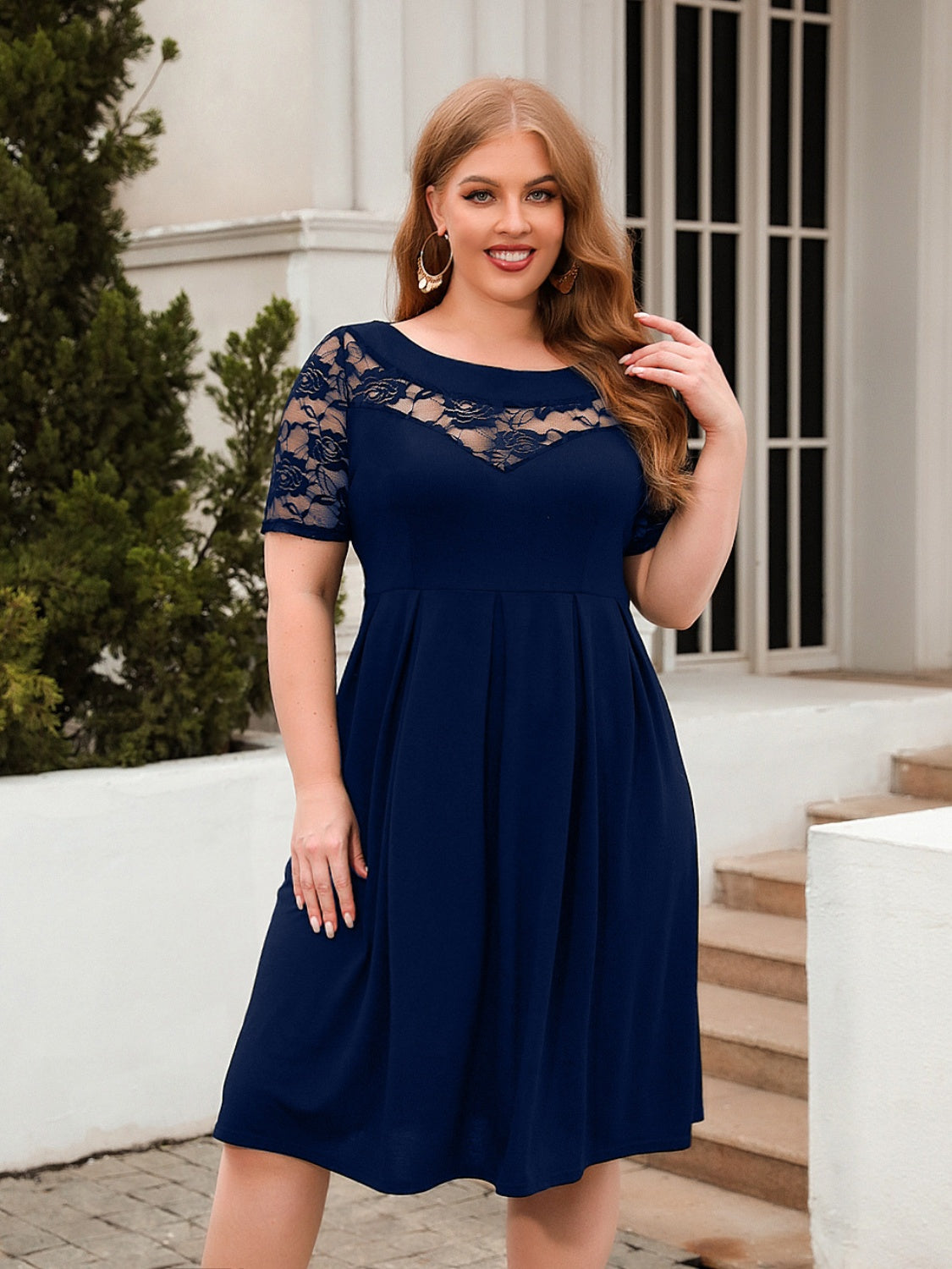 Plus Size Ruched Round Neck Short Sleeve Dress-TOPS / DRESSES-[Adult]-[Female]-Dark Blue-1XL-2022 Online Blue Zone Planet