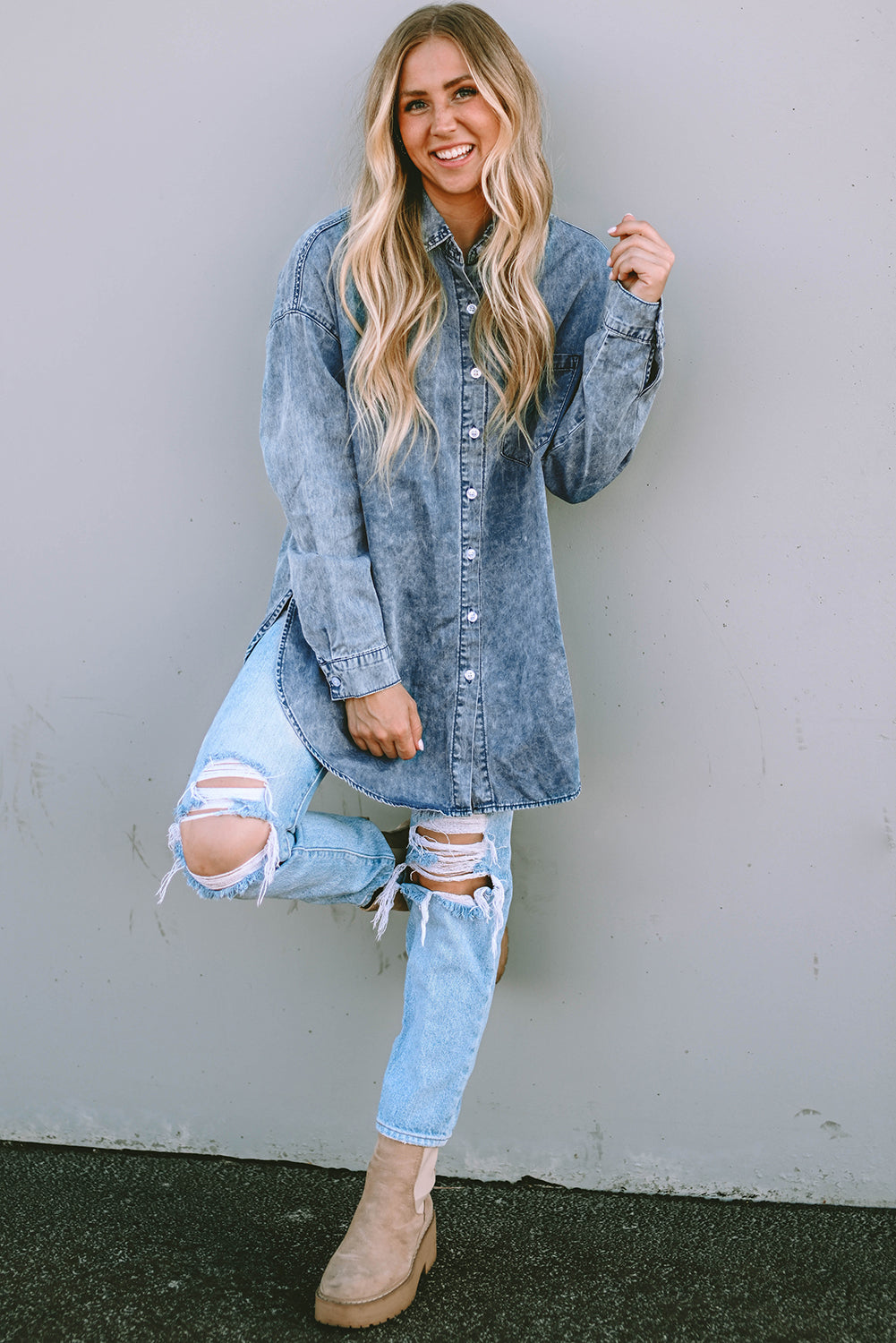 Sky Blue Vintage Washed Chest Pocket Denim Shirt-Sale (50% OFF)/30% OFF-[Adult]-[Female]-2022 Online Blue Zone Planet