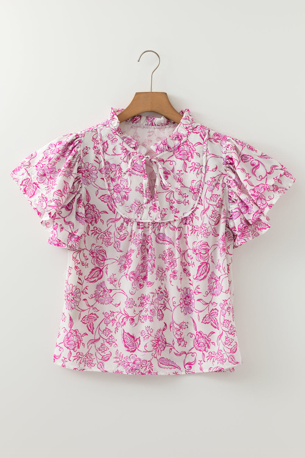 Pink Baroque Floral Ruffle Sleeve V Neck Blouse Top-Tops/Blouses & Shirts-[Adult]-[Female]-2022 Online Blue Zone Planet