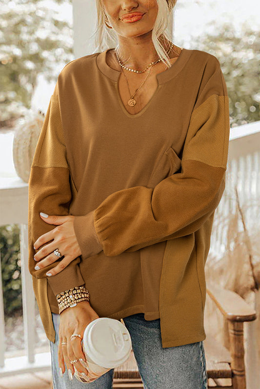 Multicolor Oversized Mixed Textured Split Neck High Low Patchwork Sweatshirt-Tops/Sweatshirts & Hoodies-[Adult]-[Female]-Multicolor-S-2022 Online Blue Zone Planet