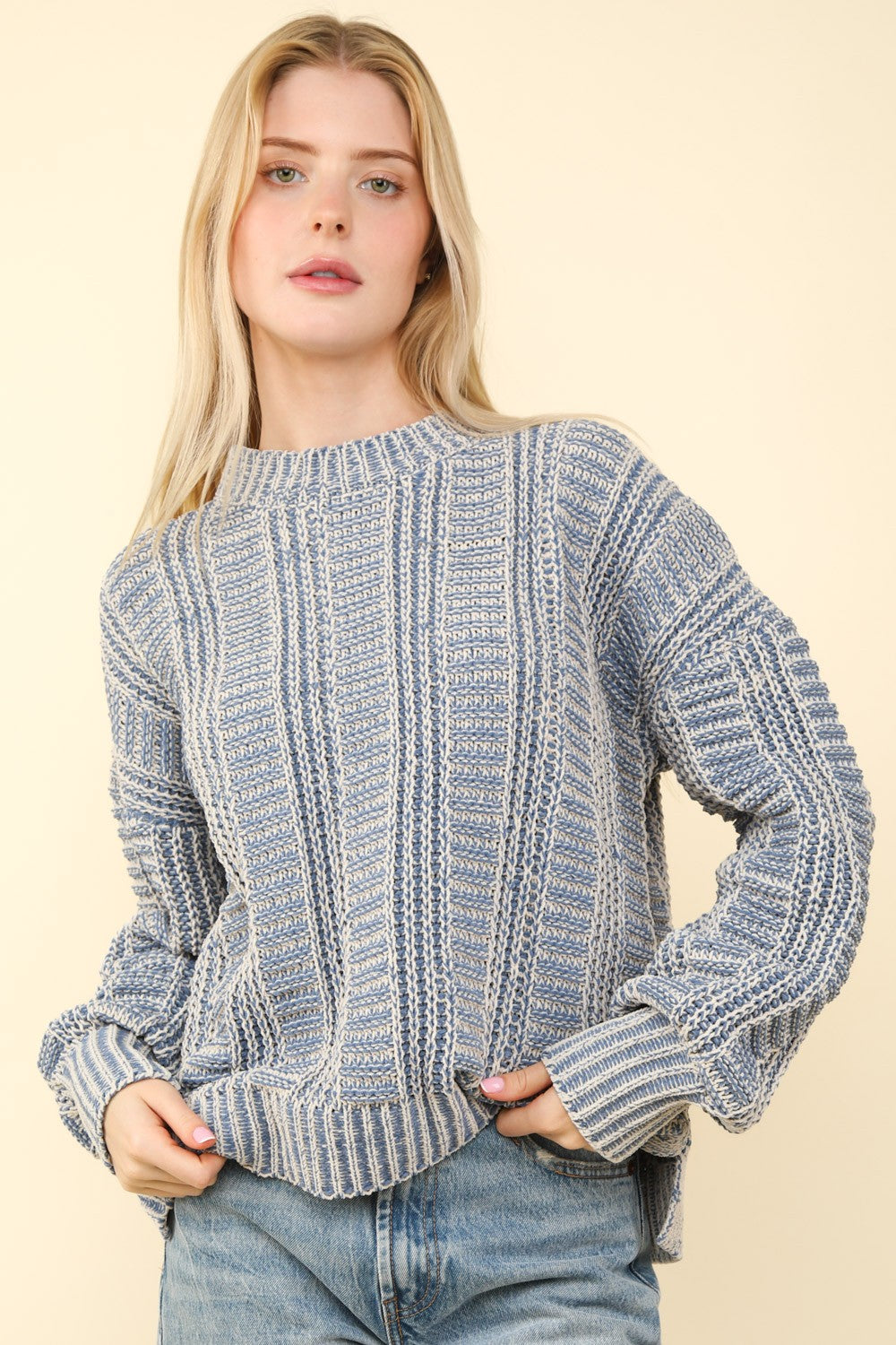 Blue Zone Planet | VERY J Two Tone Long Sleeve Sweater-TOPS / DRESSES-[Adult]-[Female]-2022 Online Blue Zone Planet