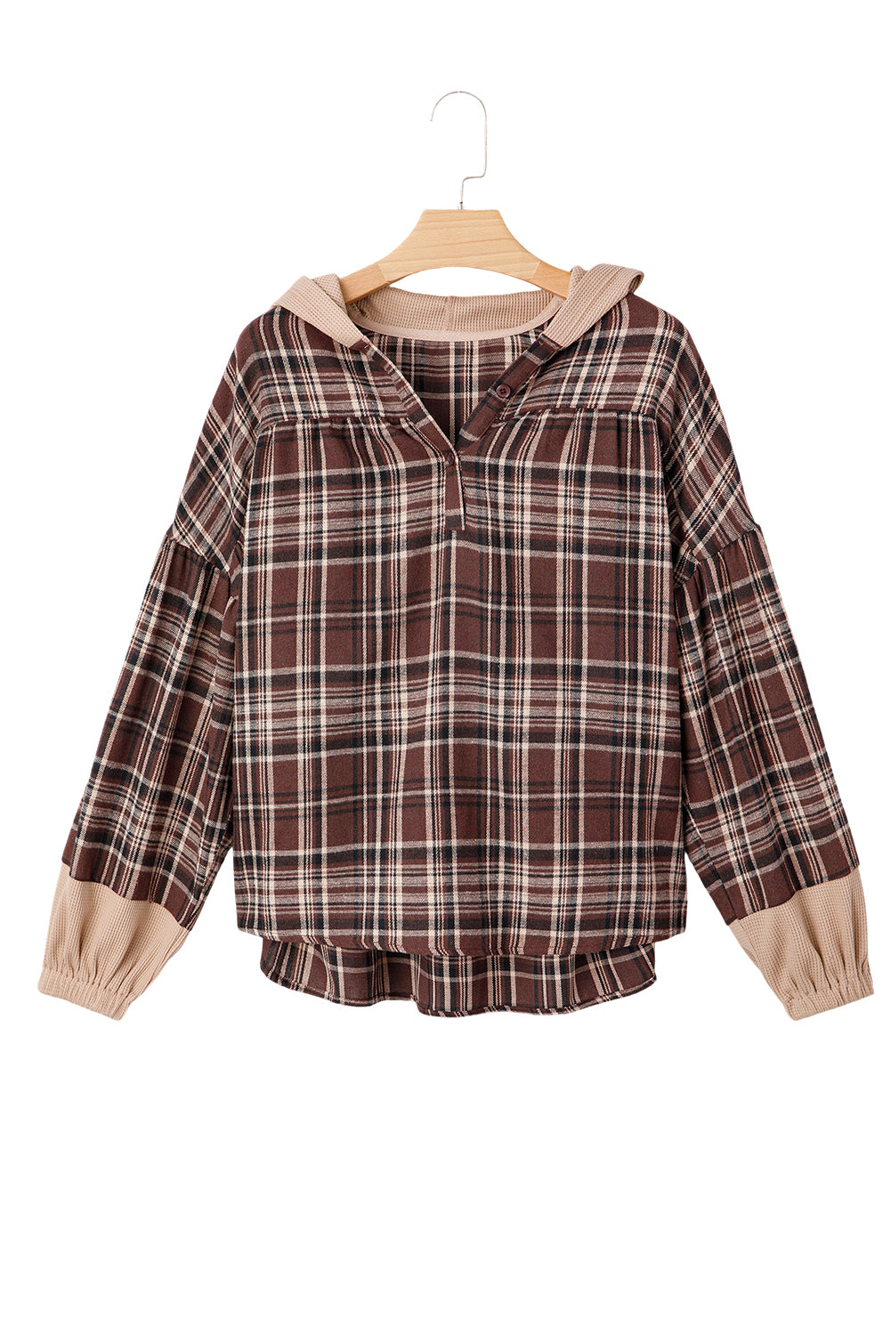Brown Plaid Patchwork Long Sleeve Button Hooded Blouse-Tops / Dresses-[Adult]-[Female]-2022 Online Blue Zone Planet