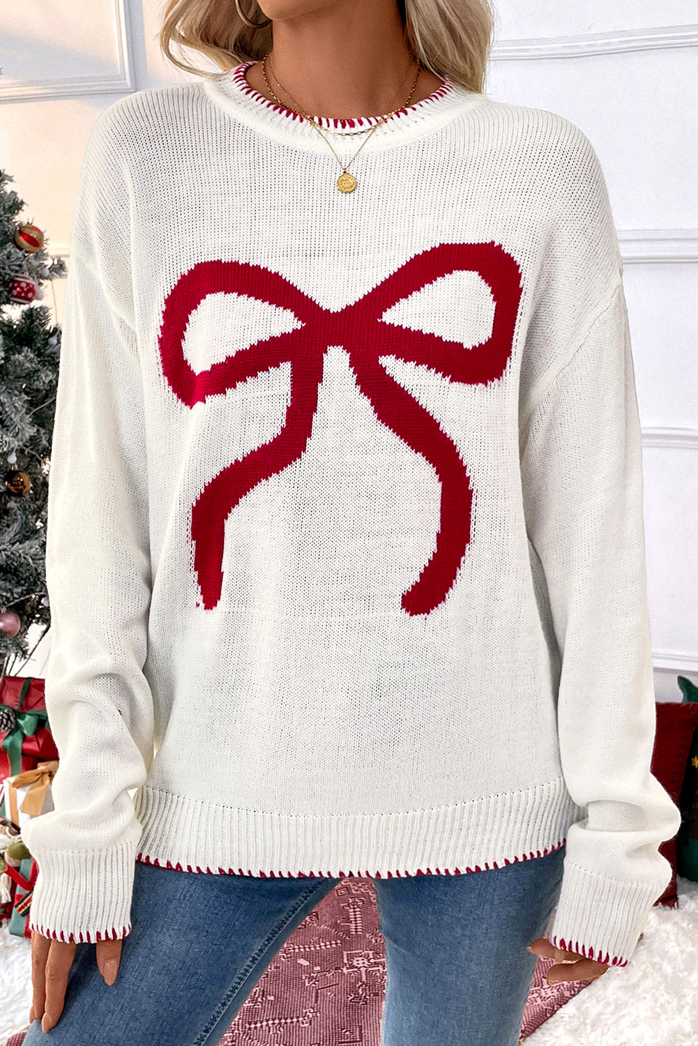 White Sweet Bow Long Sleeve Knit Sweater-Sweaters-[Adult]-[Female]-2022 Online Blue Zone Planet