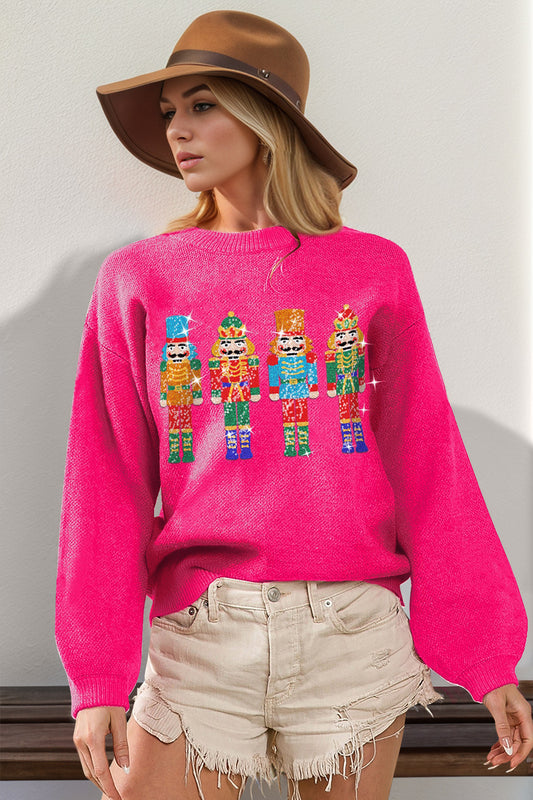 Blue Zone Planet | Double Take Full Size Sequin Nutcracker Long Sleeve Sweater-TOPS / DRESSES-[Adult]-[Female]-Hot Pink-S/M-2022 Online Blue Zone Planet