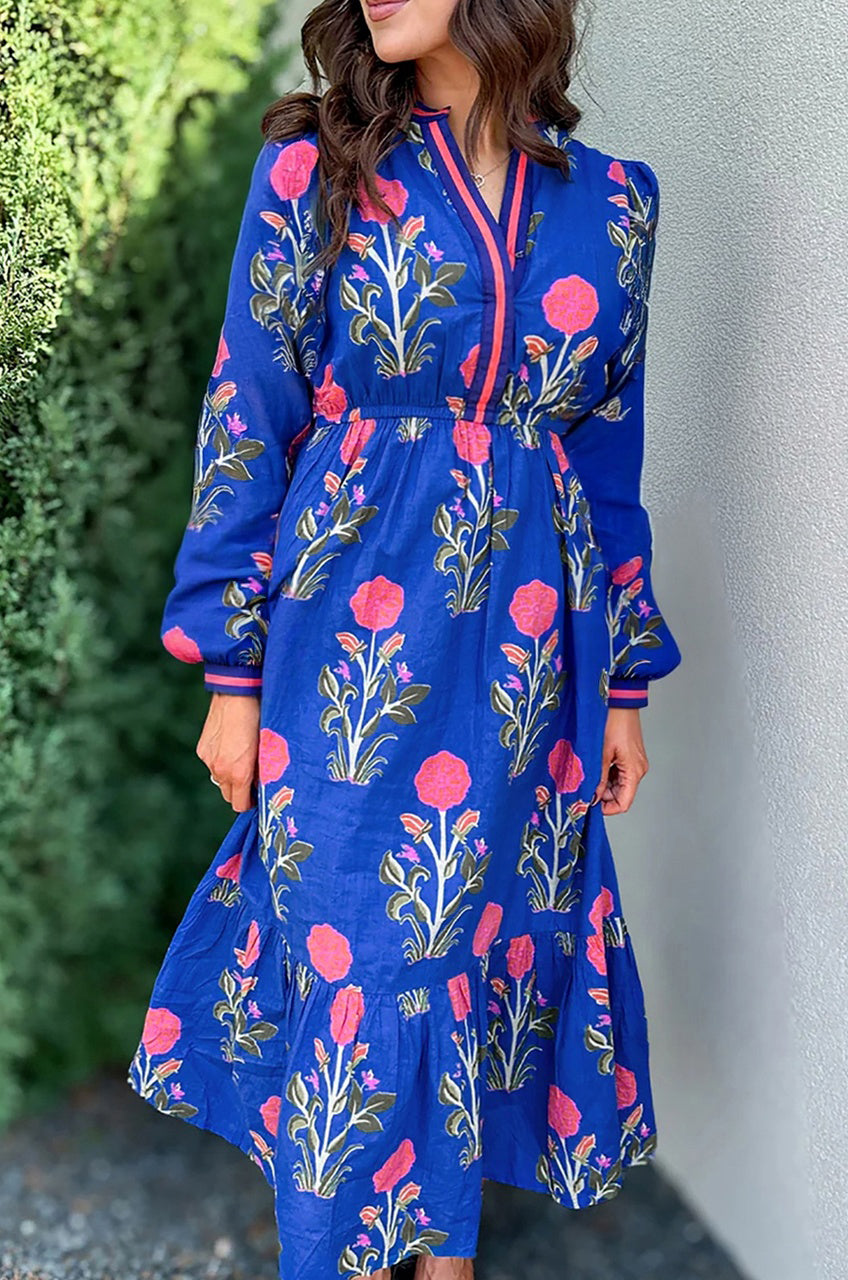 Blue Floral Print Striped Trim Split Neck Long Sleeve Ruffle Hem Midi Dress-TOPS / DRESSES-[Adult]-[Female]-Blue-S-2022 Online Blue Zone Planet