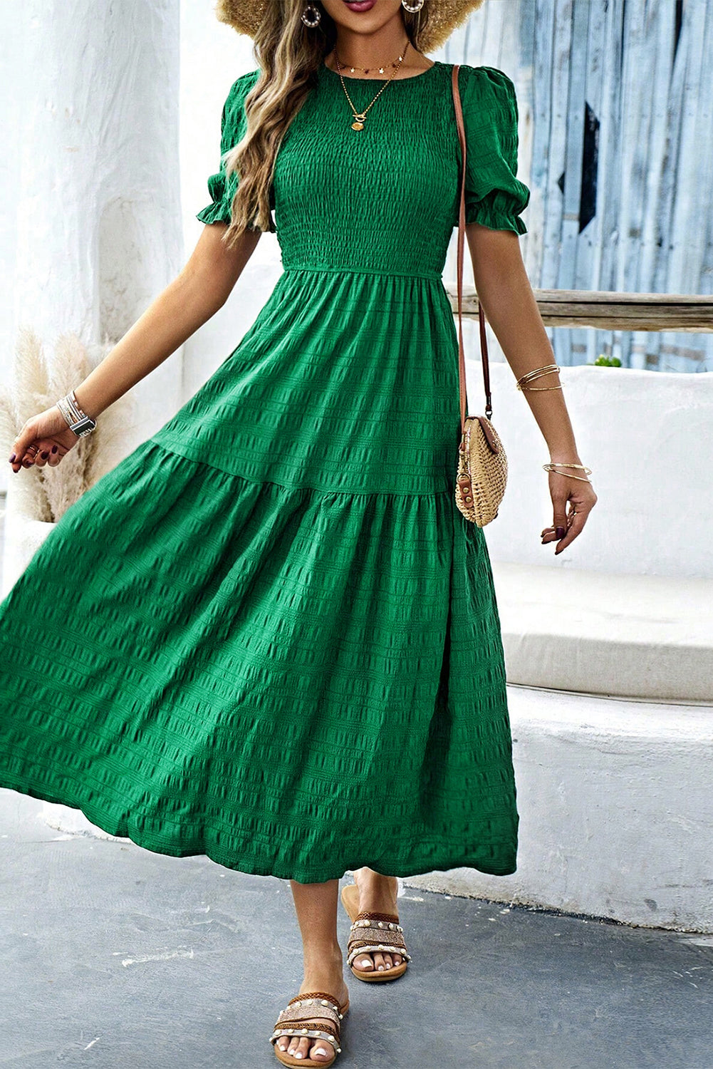 Dark Green Solid Textured Smocked Puff Short Sleeve High Waist Long Dress-TOPS / DRESSES-[Adult]-[Female]-Dark Green-S-2022 Online Blue Zone Planet