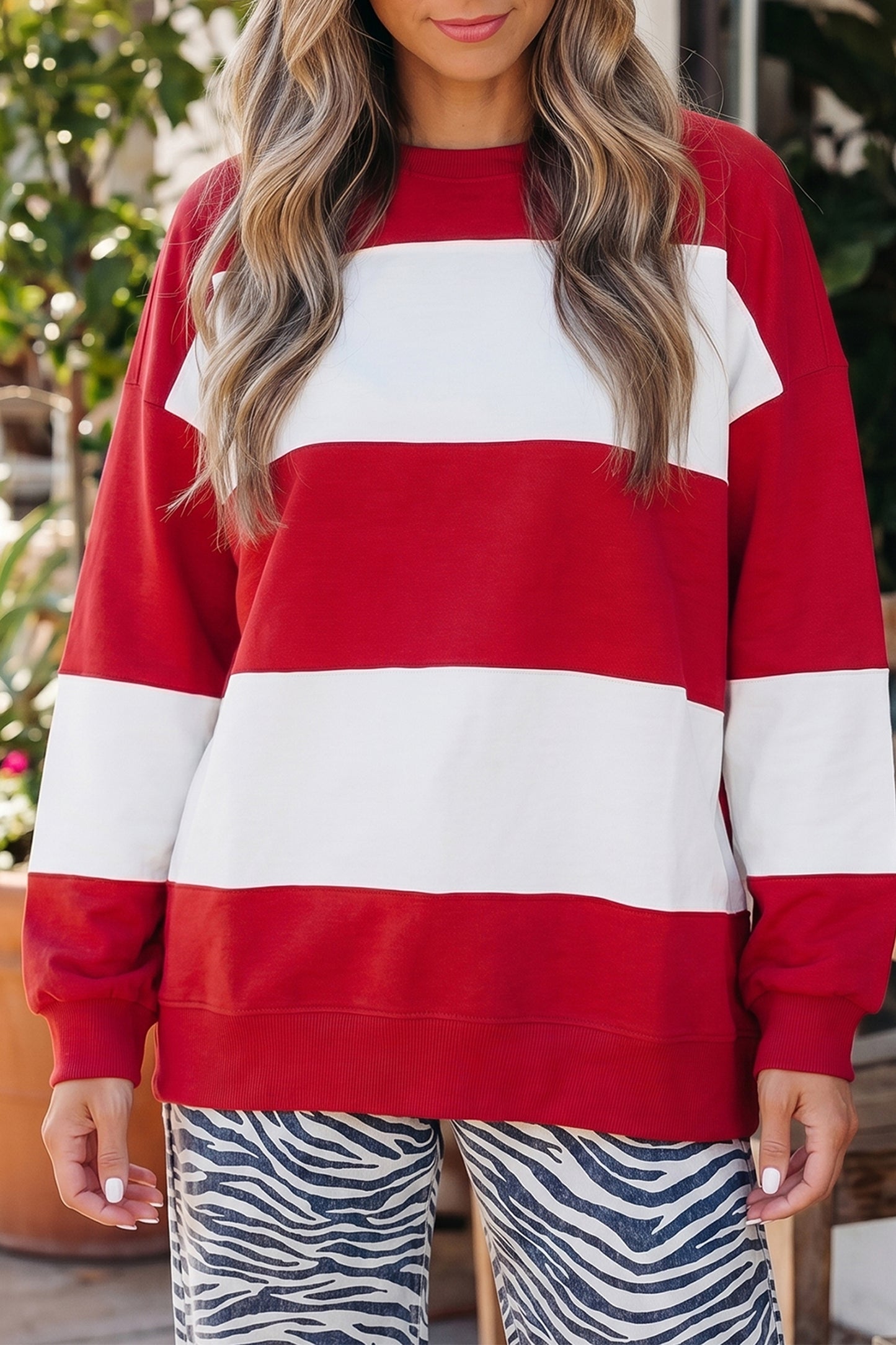 Fiery Red Colorblock Drop Shoulder Baggy Sweatshirt-Tops/Sweatshirts & Hoodies-[Adult]-[Female]-2022 Online Blue Zone Planet