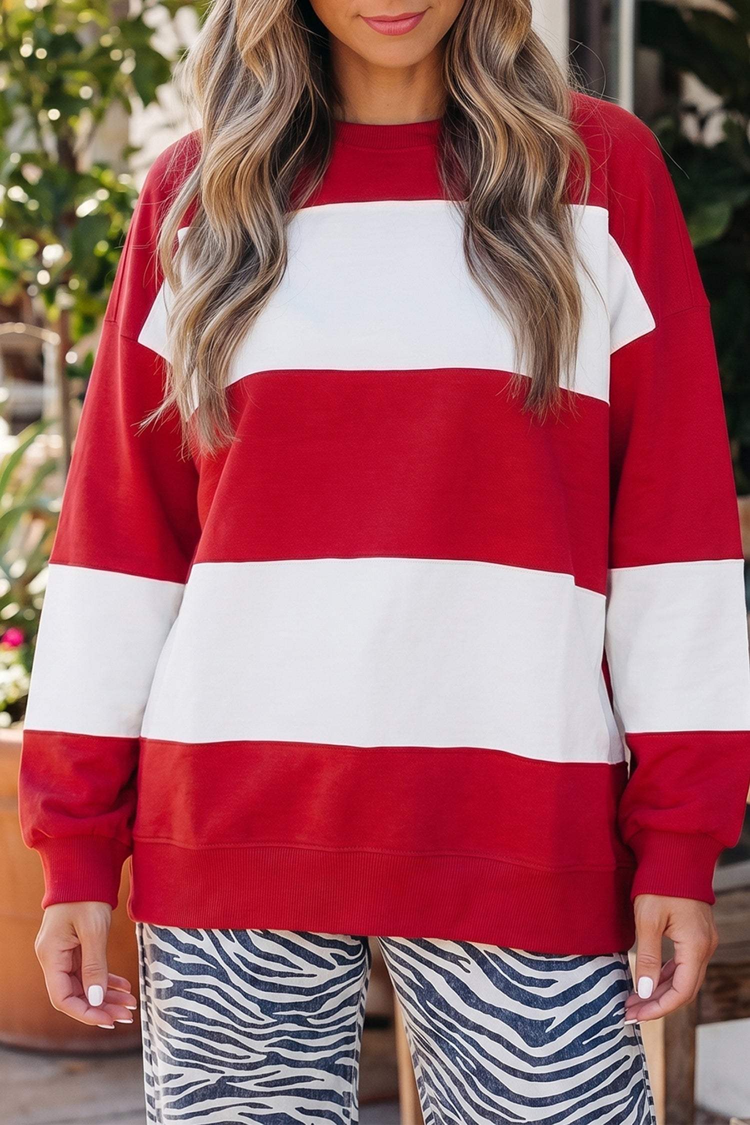 Fiery Red Colorblock Drop Shoulder Baggy Sweatshirt-Tops/Sweatshirts & Hoodies-[Adult]-[Female]-2022 Online Blue Zone Planet