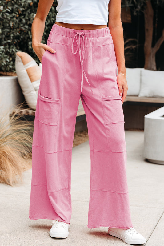 Bonbon Mineral Wash Exposed Seam Drawstring High Waist Wide Leg Cargo Pants-Bottoms/Casual Shorts-[Adult]-[Female]-2022 Online Blue Zone Planet
