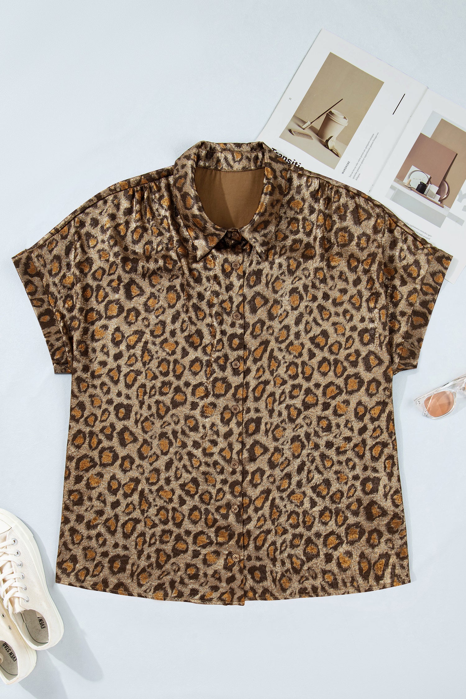 Gold Plus Size Leopard Print Short Sleeve Dolman Shirt-Plus Size/Plus Size Tops/Plus Size Blouses & Shirts-[Adult]-[Female]-2022 Online Blue Zone Planet