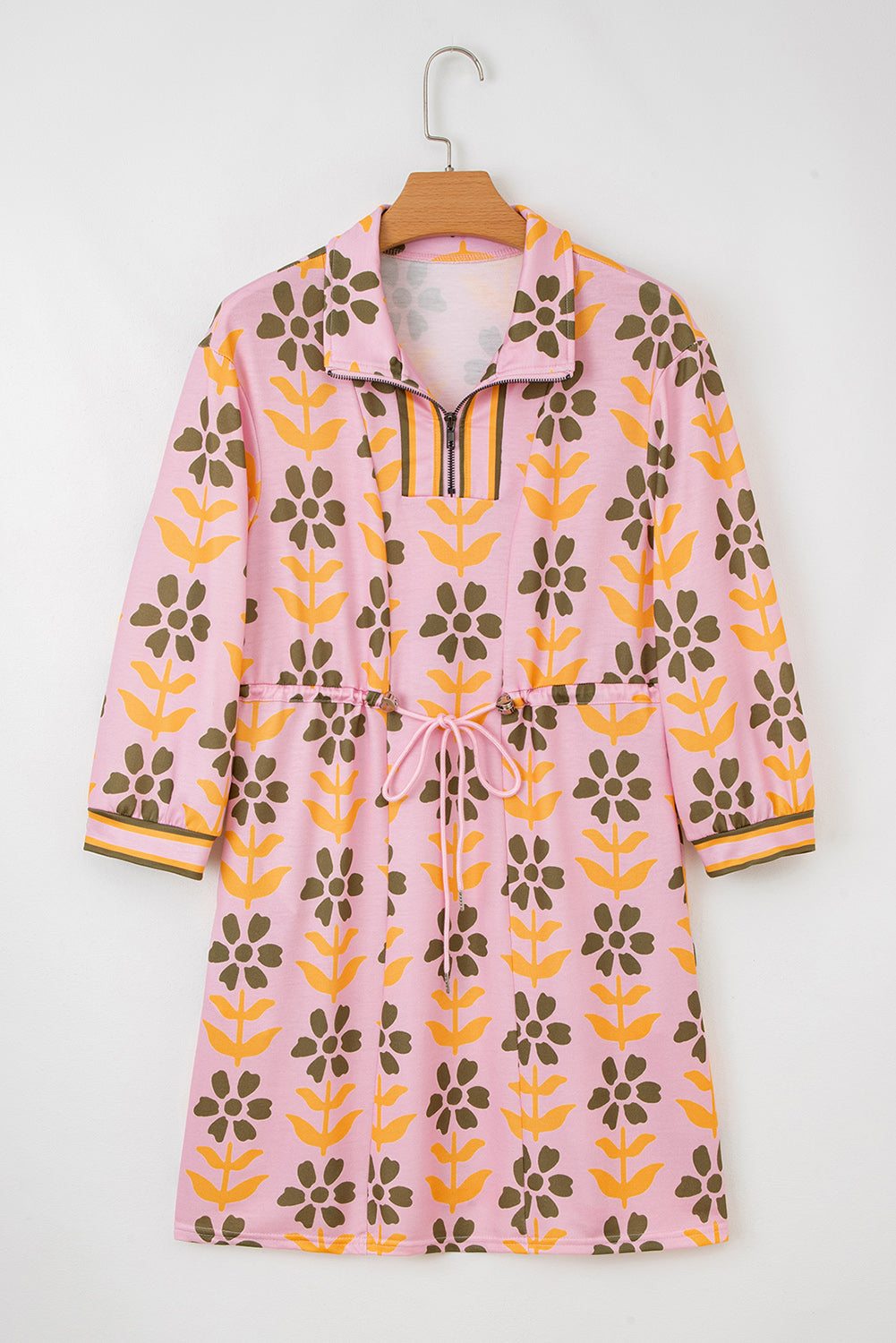 Pink Floral Print Zip Neck Striped Patchwork Long Sleeve Drawstring Dress-Dresses/Floral Dresses-[Adult]-[Female]-2022 Online Blue Zone Planet