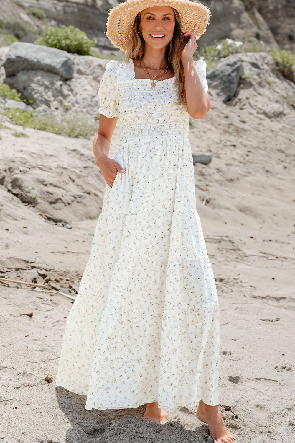 White Frilly Shirred Bodice Tiered Floral Maxi Dress White Frilly Shirred Bodice Tiered Floral Maxi Dress