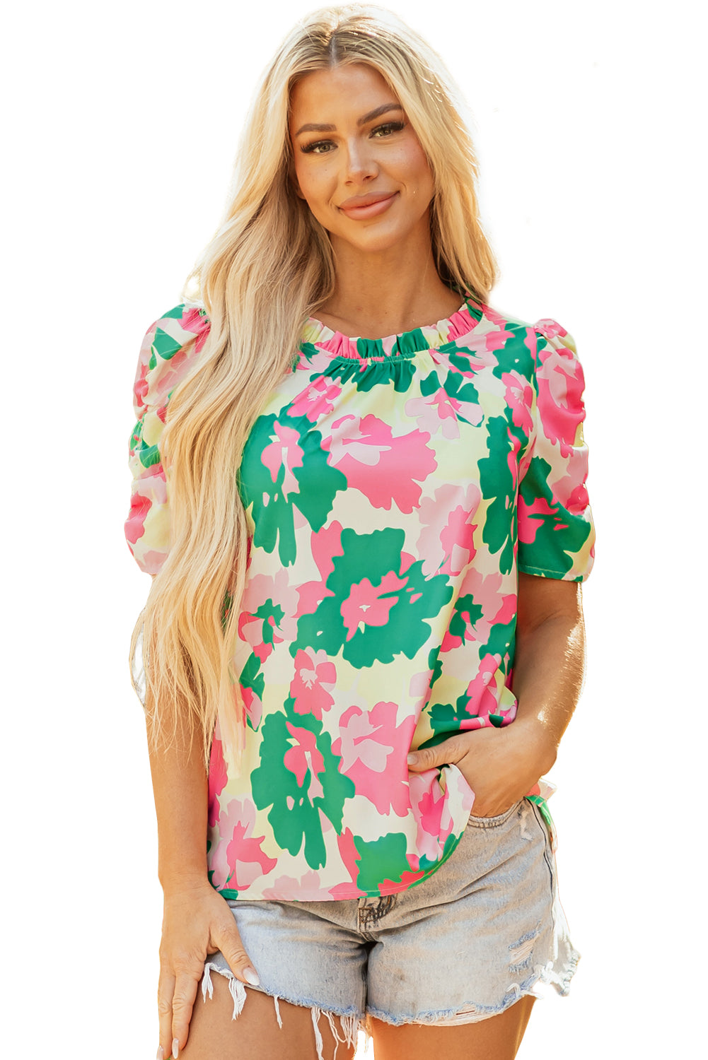 Green Abstract Print Frilly Neck Ruched Short Sleeve Blouse-Tops/Blouses & Shirts-[Adult]-[Female]-2022 Online Blue Zone Planet
