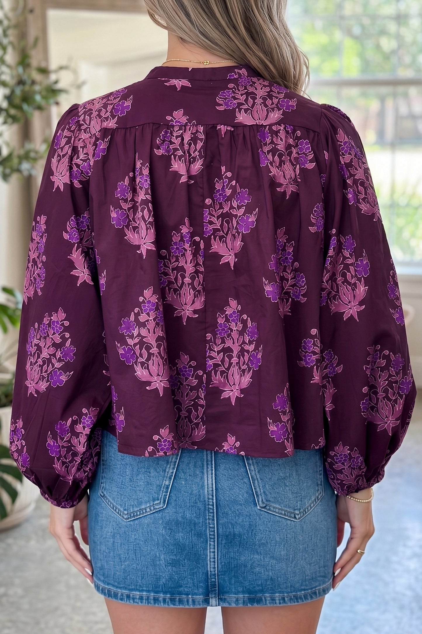 Purple Floral Print Button-Up Long Puff Sleeve Loose Shirt-Tops/Blouses & Shirts-[Adult]-[Female]-2022 Online Blue Zone Planet