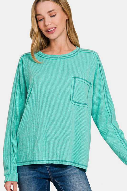 Zenana Full Size Contrast Stitching Brushed Ribbed Hacci Knit Top Plus Size-TOPS / DRESSES-[Adult]-[Female]-Turquoise-S/M-2022 Online Blue Zone Planet