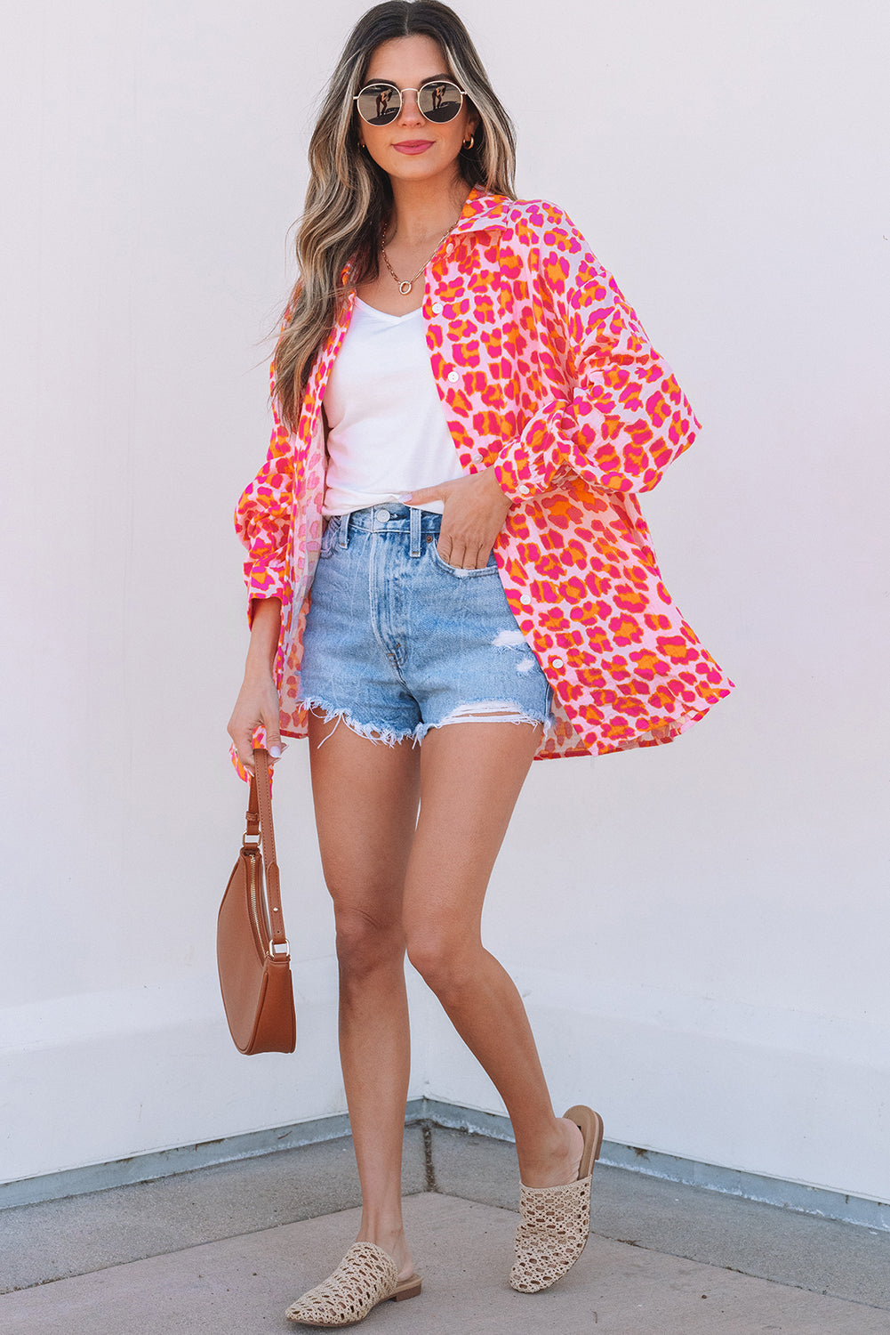 Blue Zone Planet | Rose Leopard Printed Button Up Loose Shirt-Tops/Blouses & Shirts-[Adult]-[Female]-2022 Online Blue Zone Planet