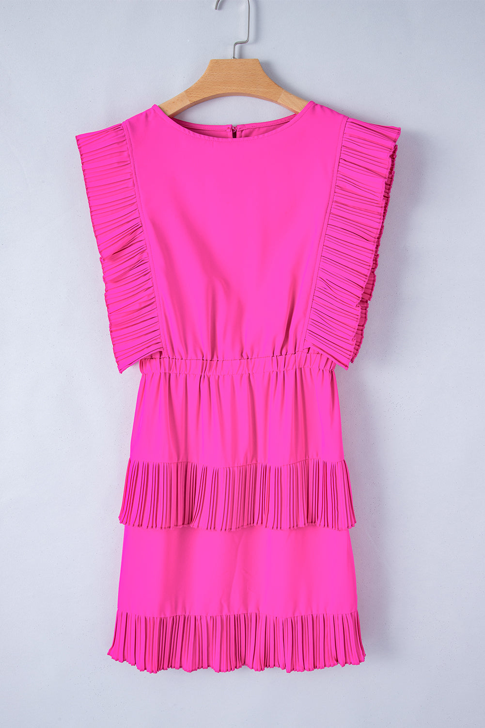 Bright Pink Solid Color Pleated Layered Flutter Mini Dress-Dresses/Mini Dresses-[Adult]-[Female]-Bright Pink-S-2022 Online Blue Zone Planet