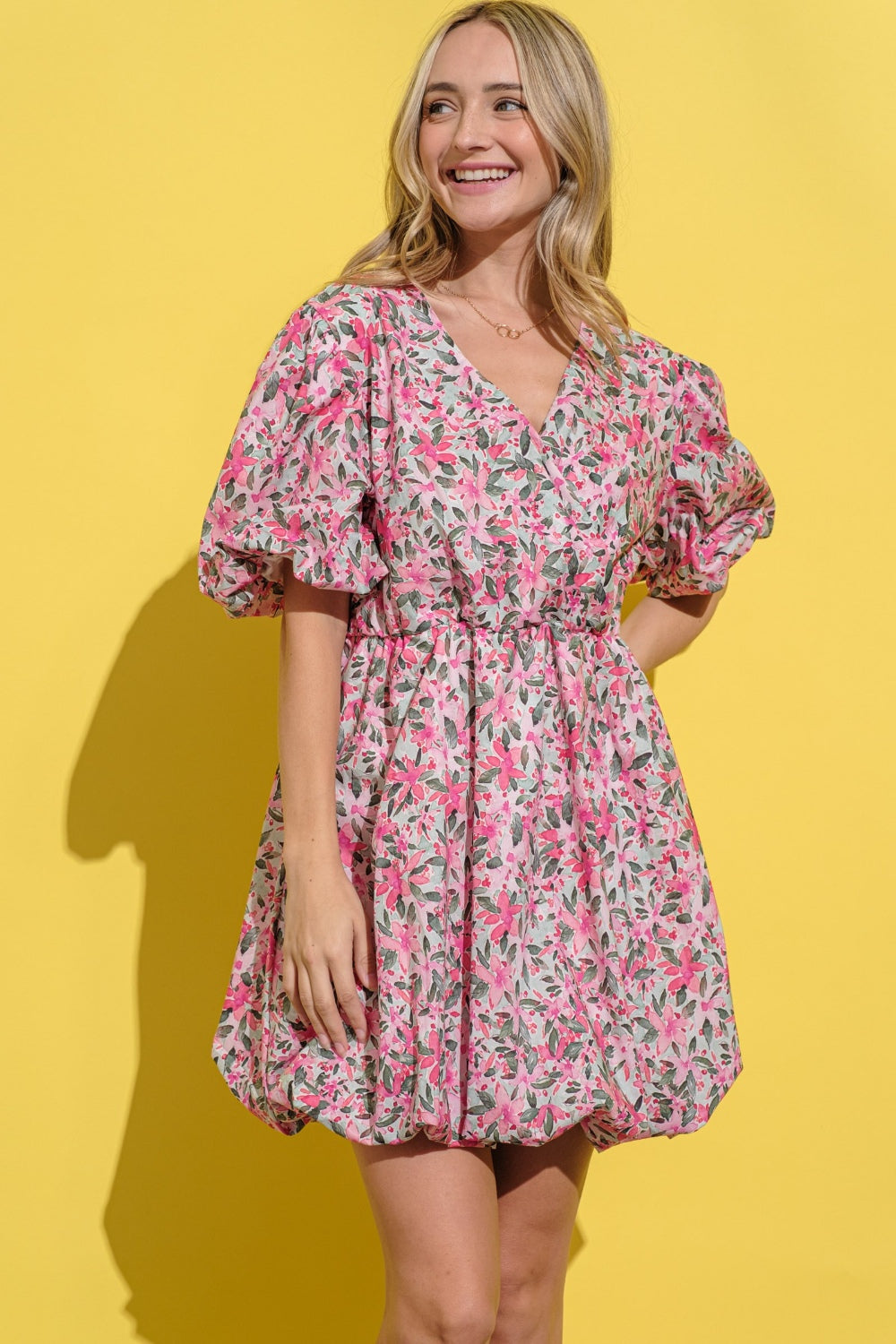 Blue Zone Planet | And The Why Full Size Floral Surplice Puff Sleeve Dress-TOPS / DRESSES-[Adult]-[Female]-2022 Online Blue Zone Planet