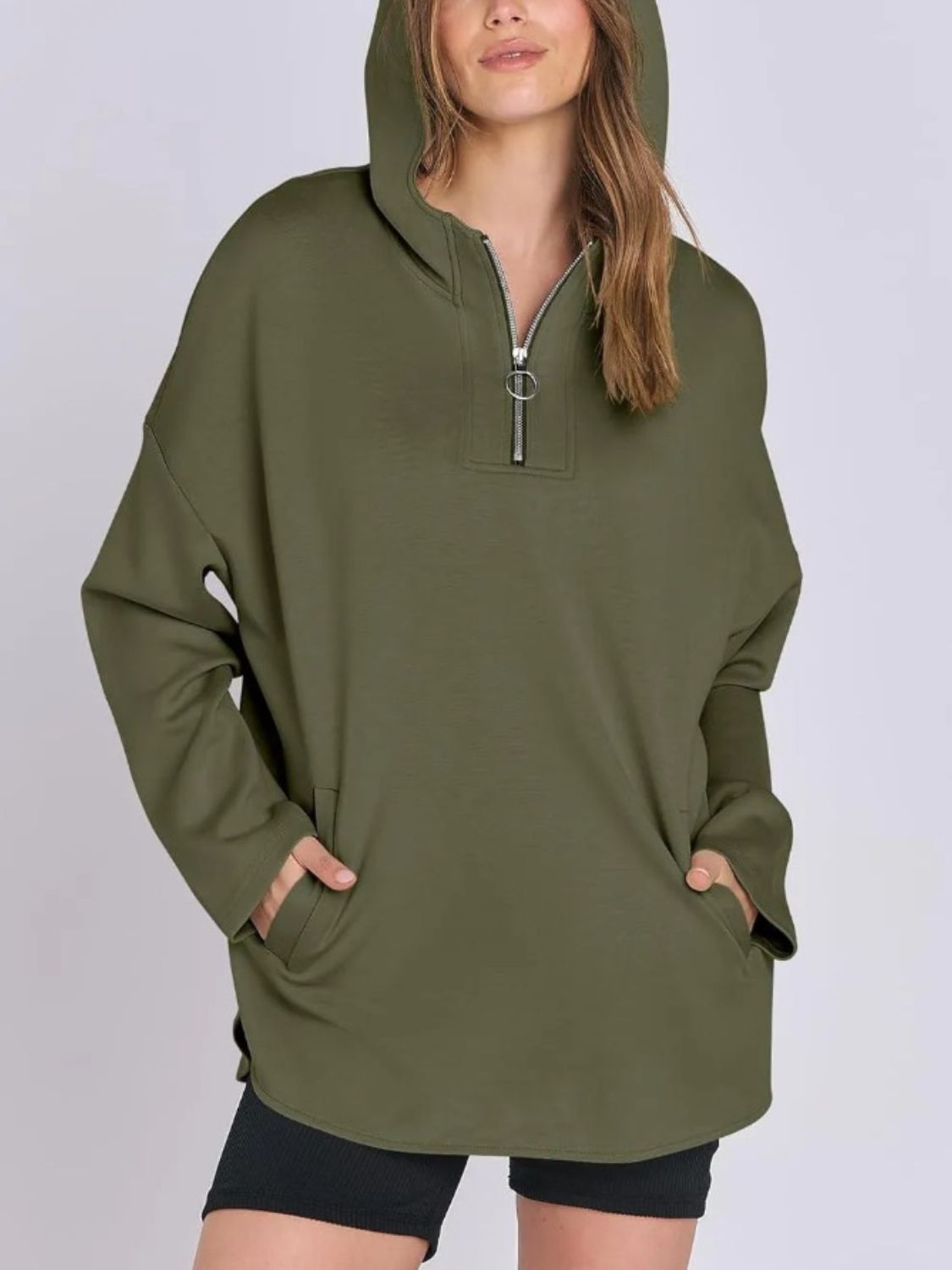 Quarter Zip Long Sleeve Hoodie-TOPS / DRESSES-[Adult]-[Female]-Moss-S-2022 Online Blue Zone Planet