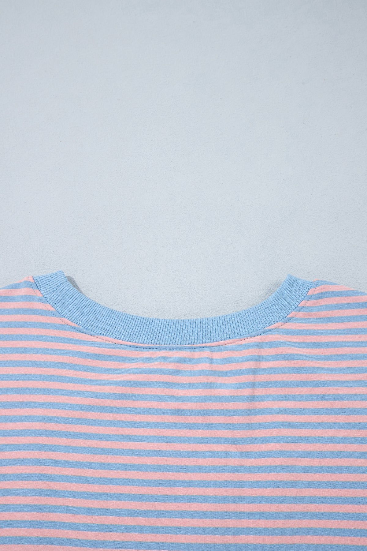 Sky Blue Stripe Colorblock Scalloped Trim Loose 3/4 Sleeve Top-Tops/Long Sleeve Tops-[Adult]-[Female]-2022 Online Blue Zone Planet