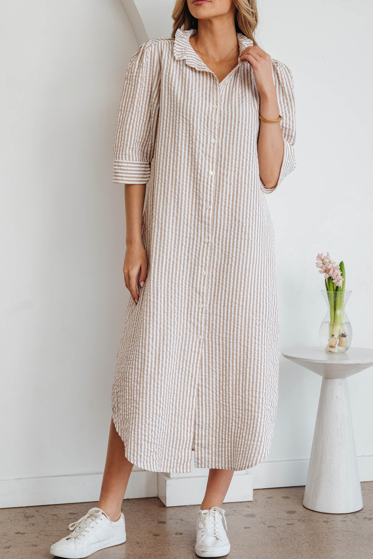 Khaki Stripe Frilled Collar Half Sleeve Shirt Maxi Dress-TOPS / DRESSES-[Adult]-[Female]-2022 Online Blue Zone Planet