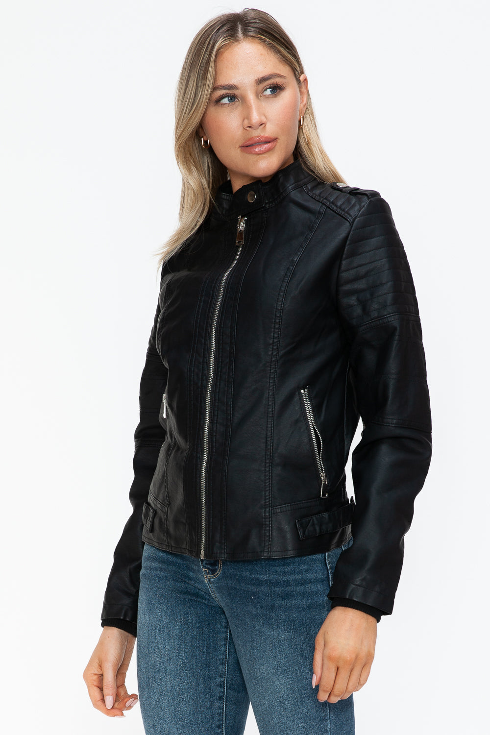 Blue Zone Planet | Snobbish PU Leather Biker Jacket with Side Zip Pockets-TOPS / DRESSES-[Adult]-[Female]-2022 Online Blue Zone Planet