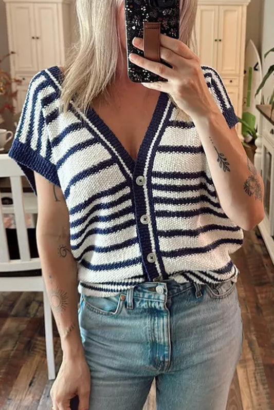Blue Stripe Loose Buttoned V Neck Sweater Vest-Sweaters & Cardigans/Sweater Vests-[Adult]-[Female]-Blue Stripe-S-2022 Online Blue Zone Planet