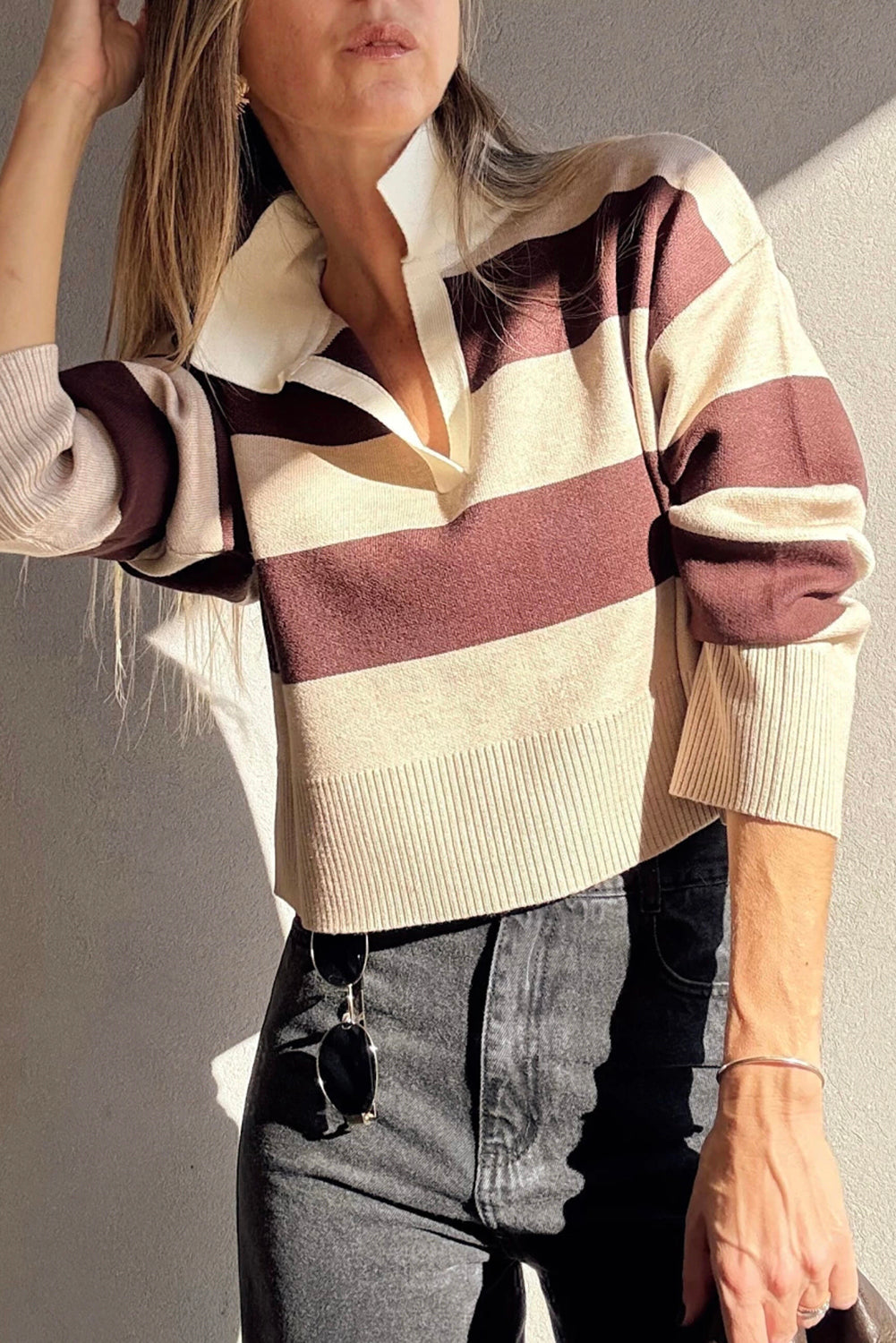 Brown Ribbed Trim Color Block Knitted Polo Collar Sweater-TOPS / DRESSES-[Adult]-[Female]-Brown-S-2022 Online Blue Zone Planet