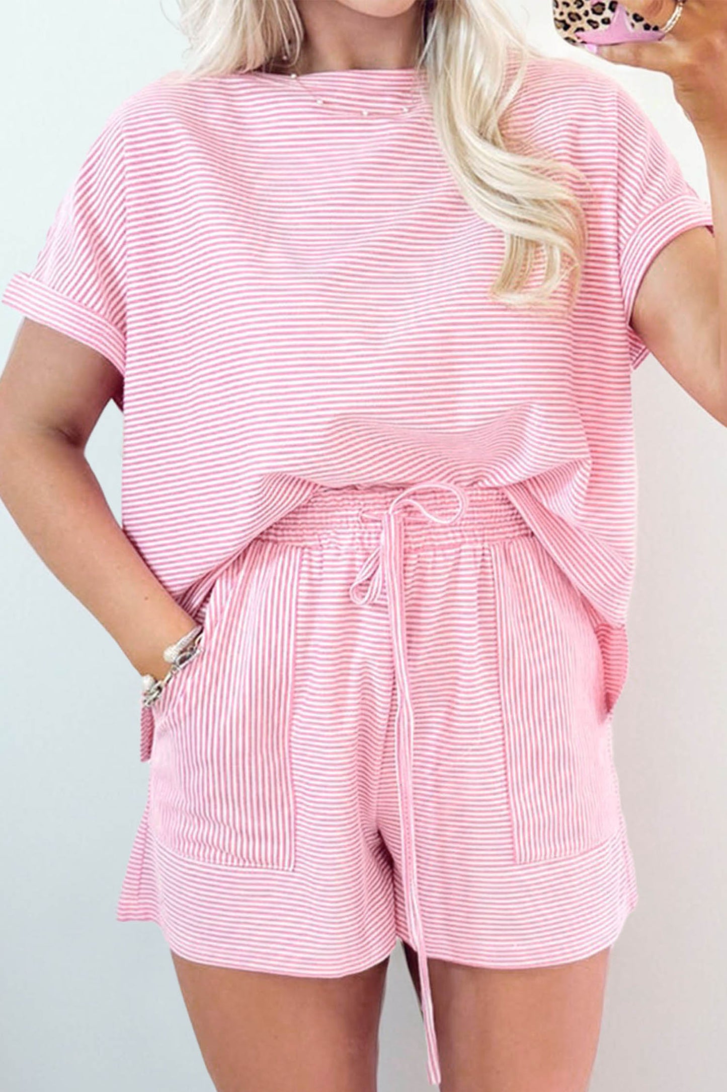 Pink Stripe Matching Oversized Tee and Drawstring Shorts Set-Two Piece Sets/Short Sets-[Adult]-[Female]-2022 Online Blue Zone Planet