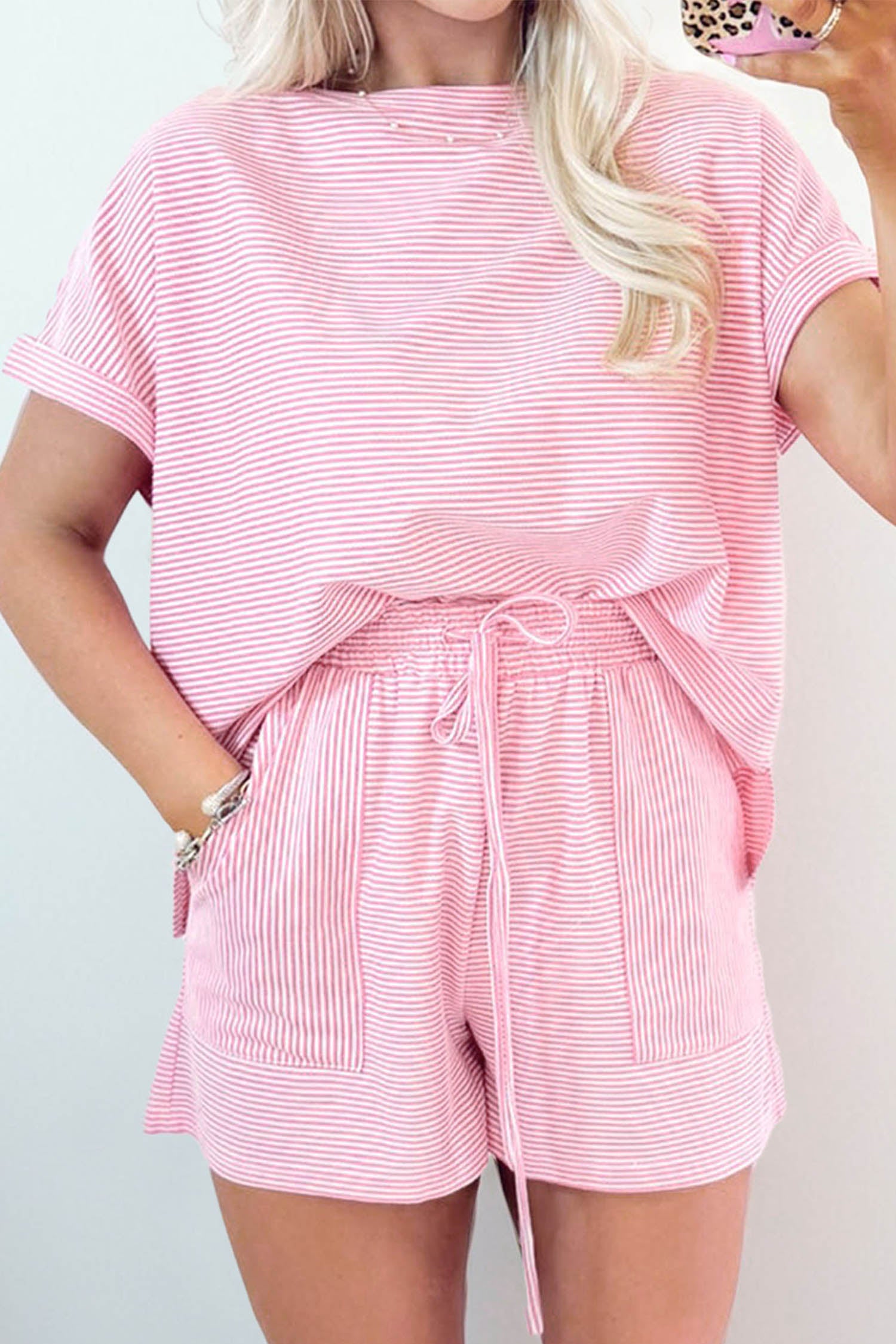 Pink Stripe Matching Oversized Tee and Drawstring Shorts Set-Two Piece Sets/Short Sets-[Adult]-[Female]-2022 Online Blue Zone Planet