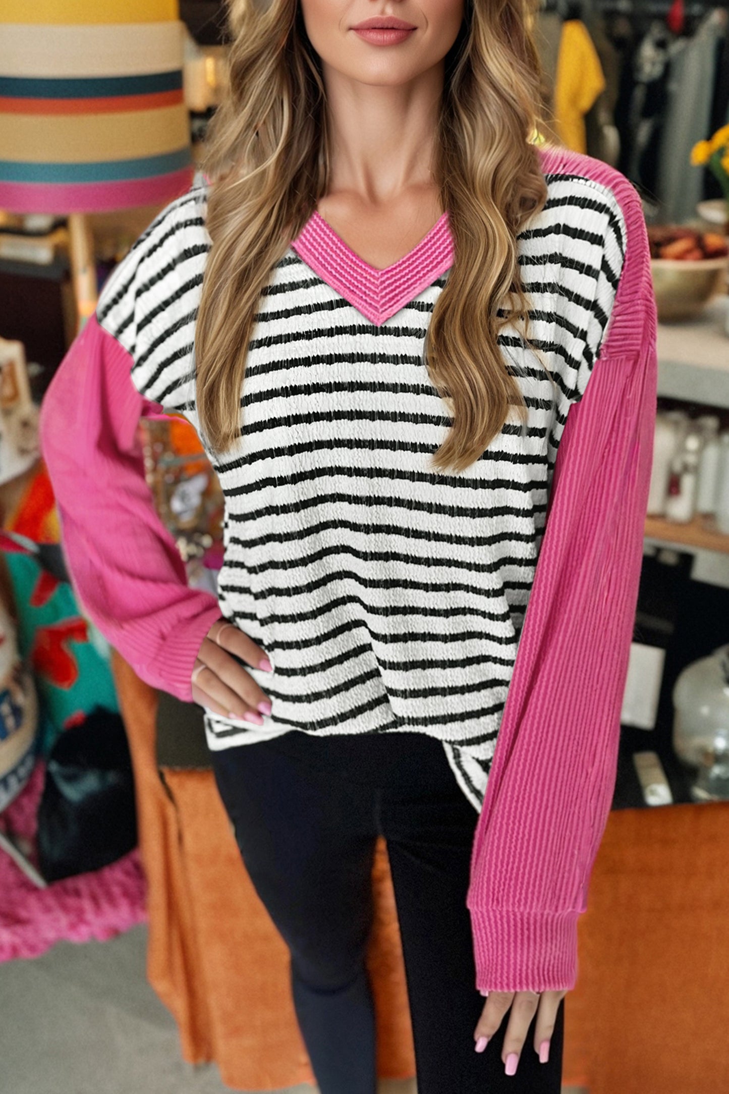 Black Stripe Textured Knit Twisted Rib Contrast Patchwork V Neck Long Sleeve Top-Tops/Long Sleeve Tops-[Adult]-[Female]-Black Stripe-S-2022 Online Blue Zone Planet