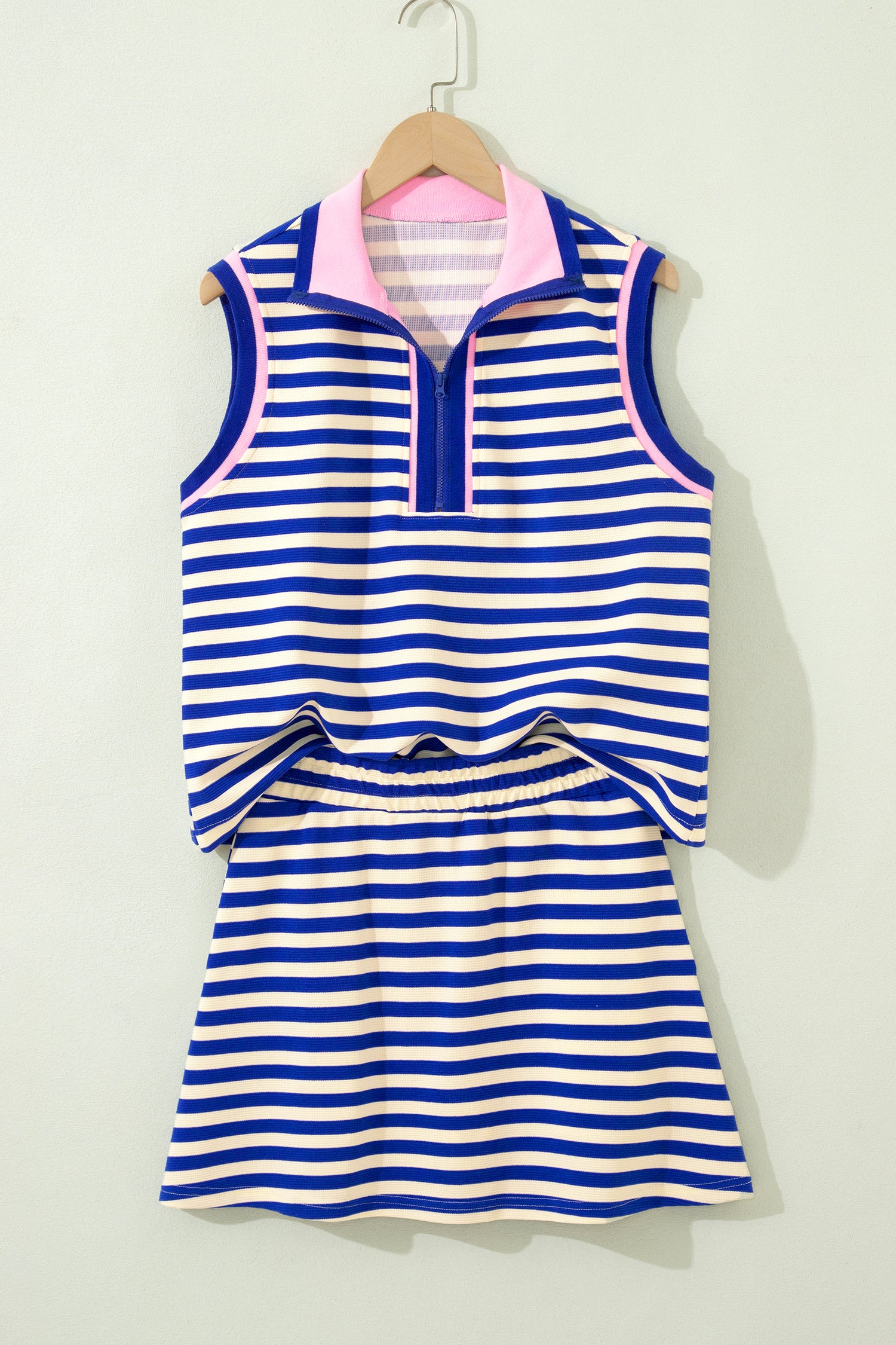 Bright Green Textured Stripe Print Contrast Trim Zip Collar Sleeveless 2pcs Skort Set-Two Piece Sets/Two Piece Dresses-[Adult]-[Female]-2022 Online Blue Zone Planet